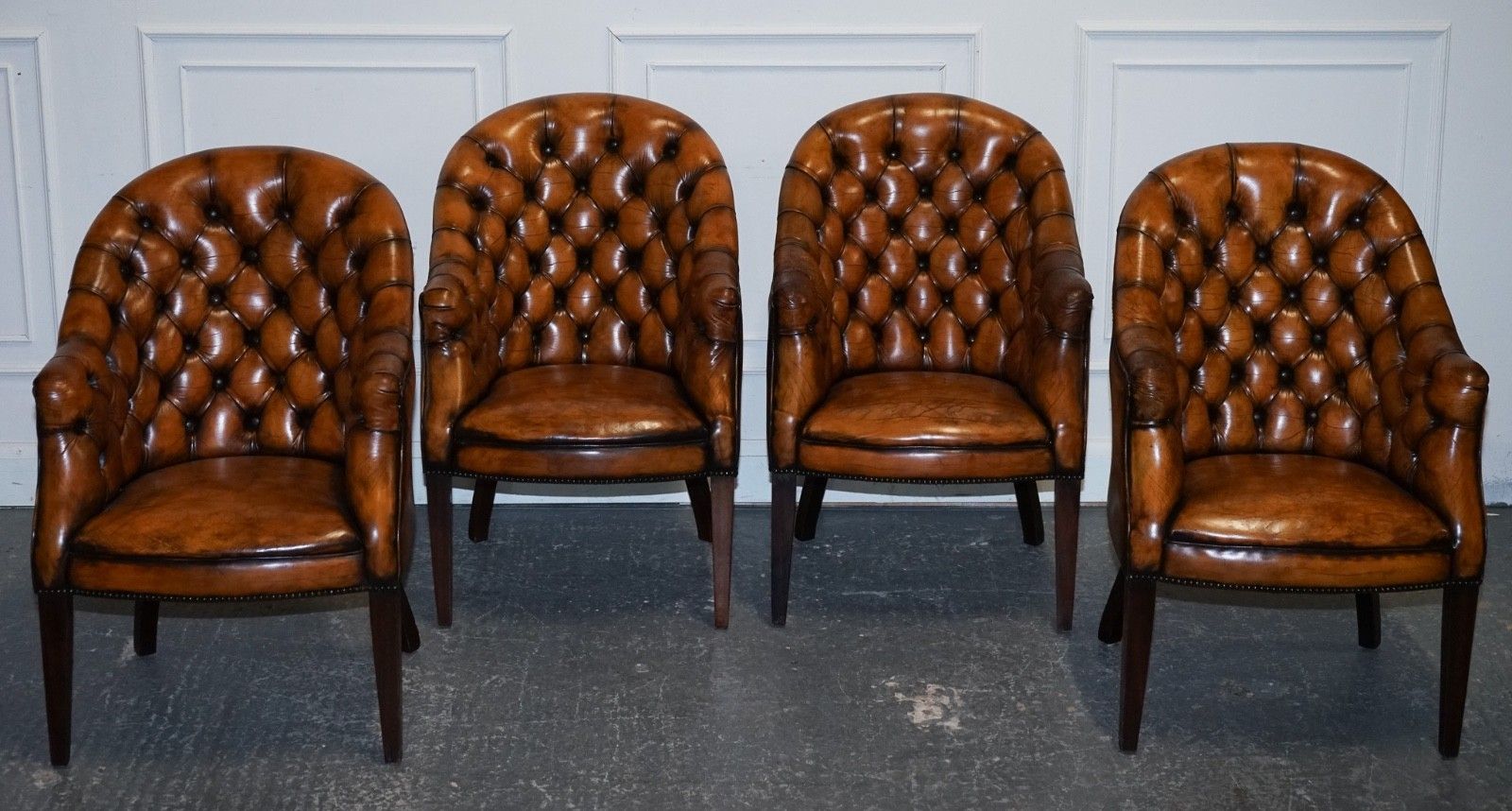 Set Of Four English Chesterfield Hand Dyed Leather Office Library Tub Chairs photo for sale