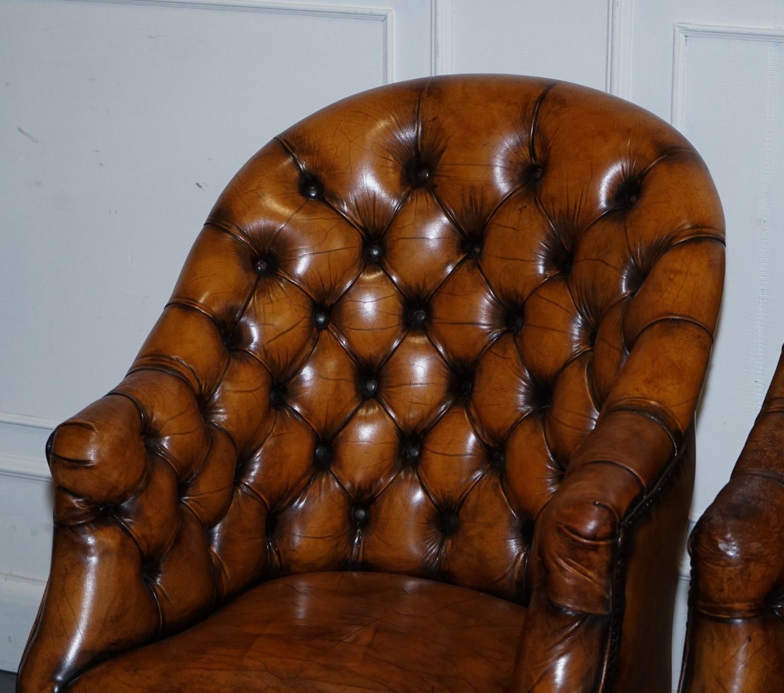 Set Of Four English Chesterfield Hand Dyed Leather Office Library Tub Chairs photo vinterior