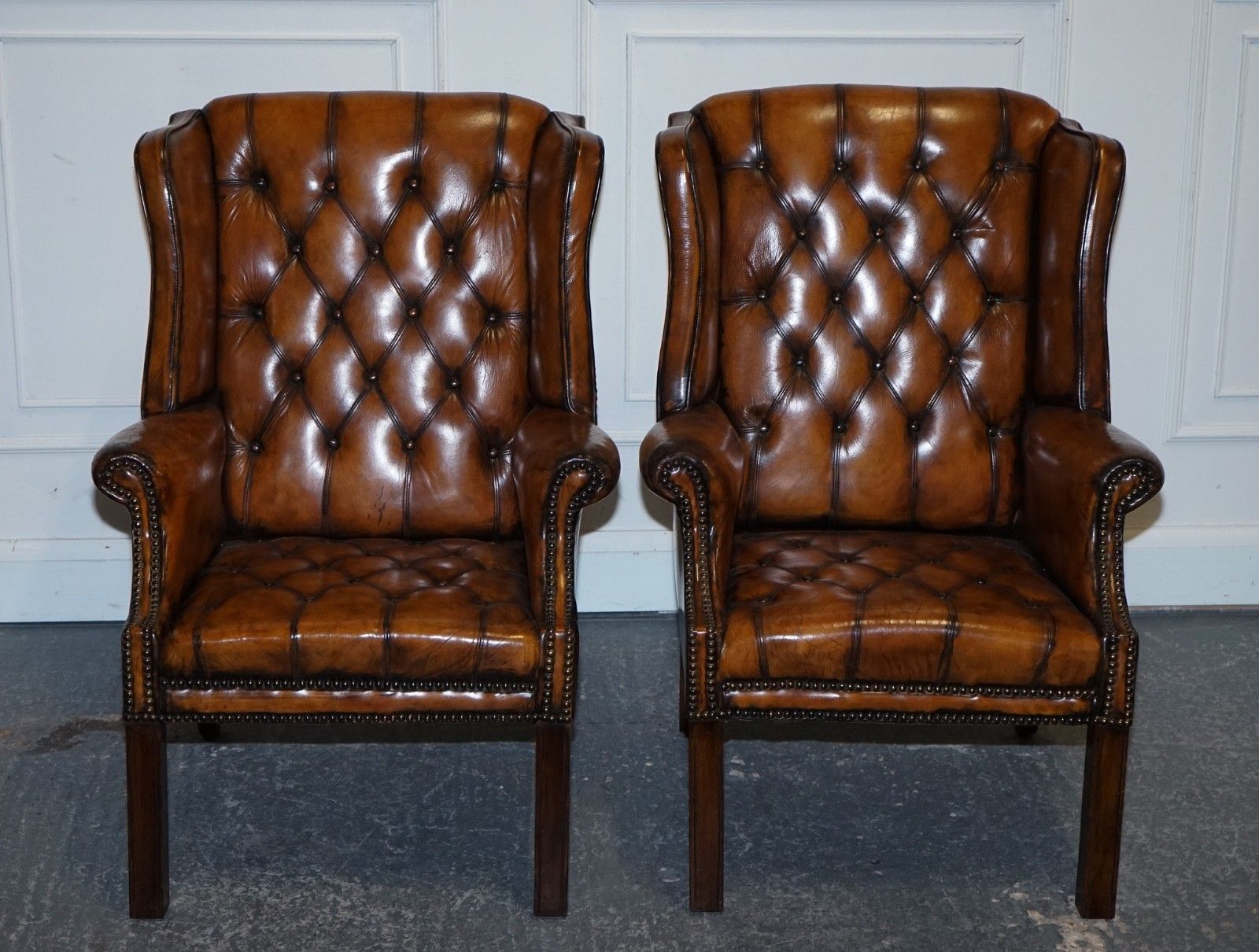 Stunning 1960's Hand Dyed Brown Leather Chesterfield Wingback Armchairs photo for sale