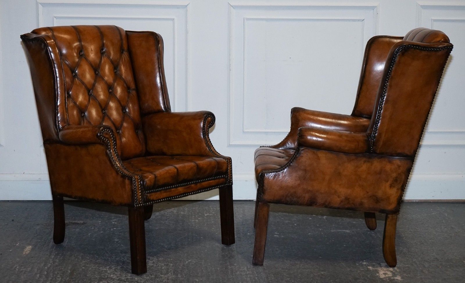 Stunning 1960's Hand Dyed Brown Leather Chesterfield Wingback Armchairs photo Furniture