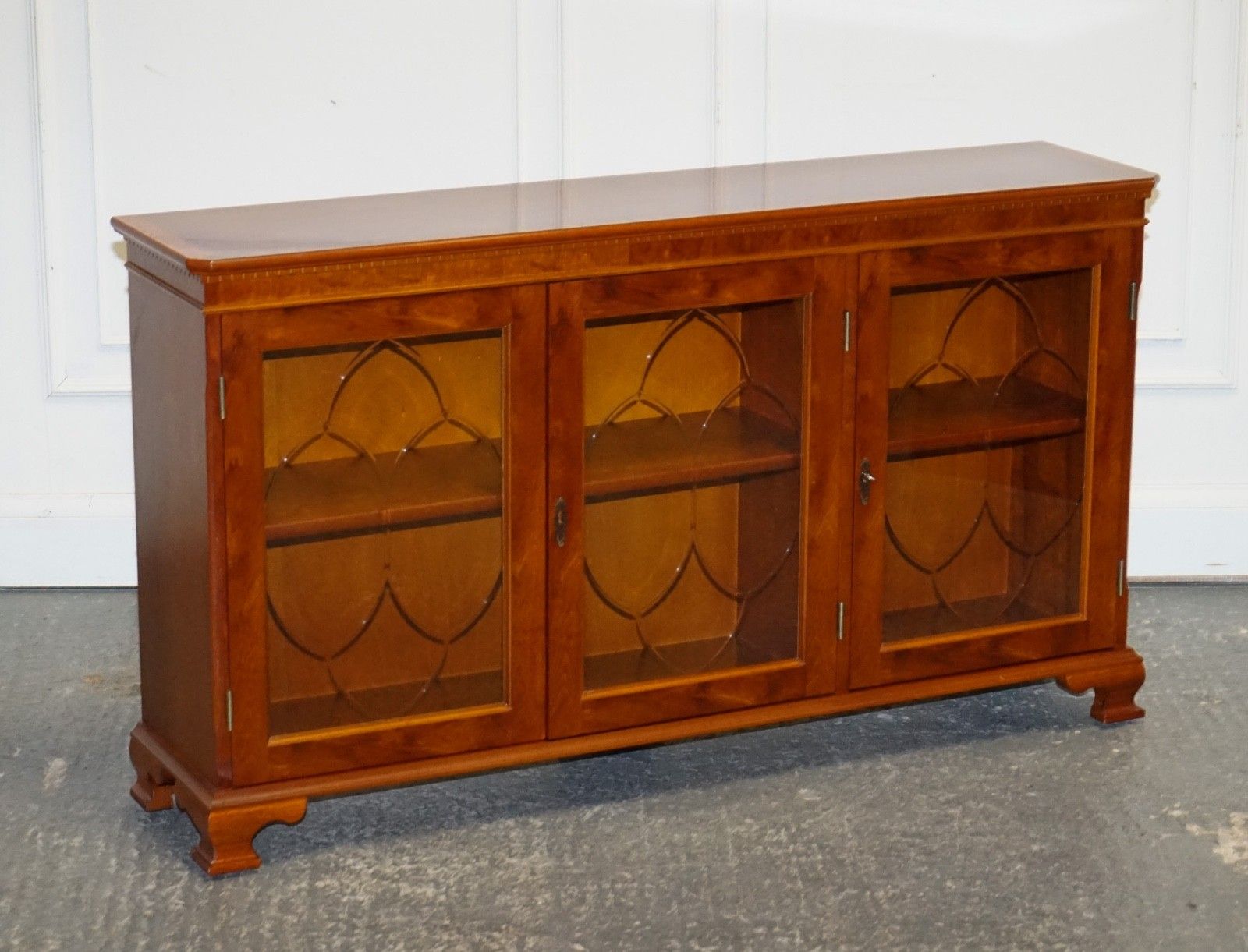 Vintage Yew Wood Glazed Bookcase Sideboard Triple Door Display Cabinet photo furniture
