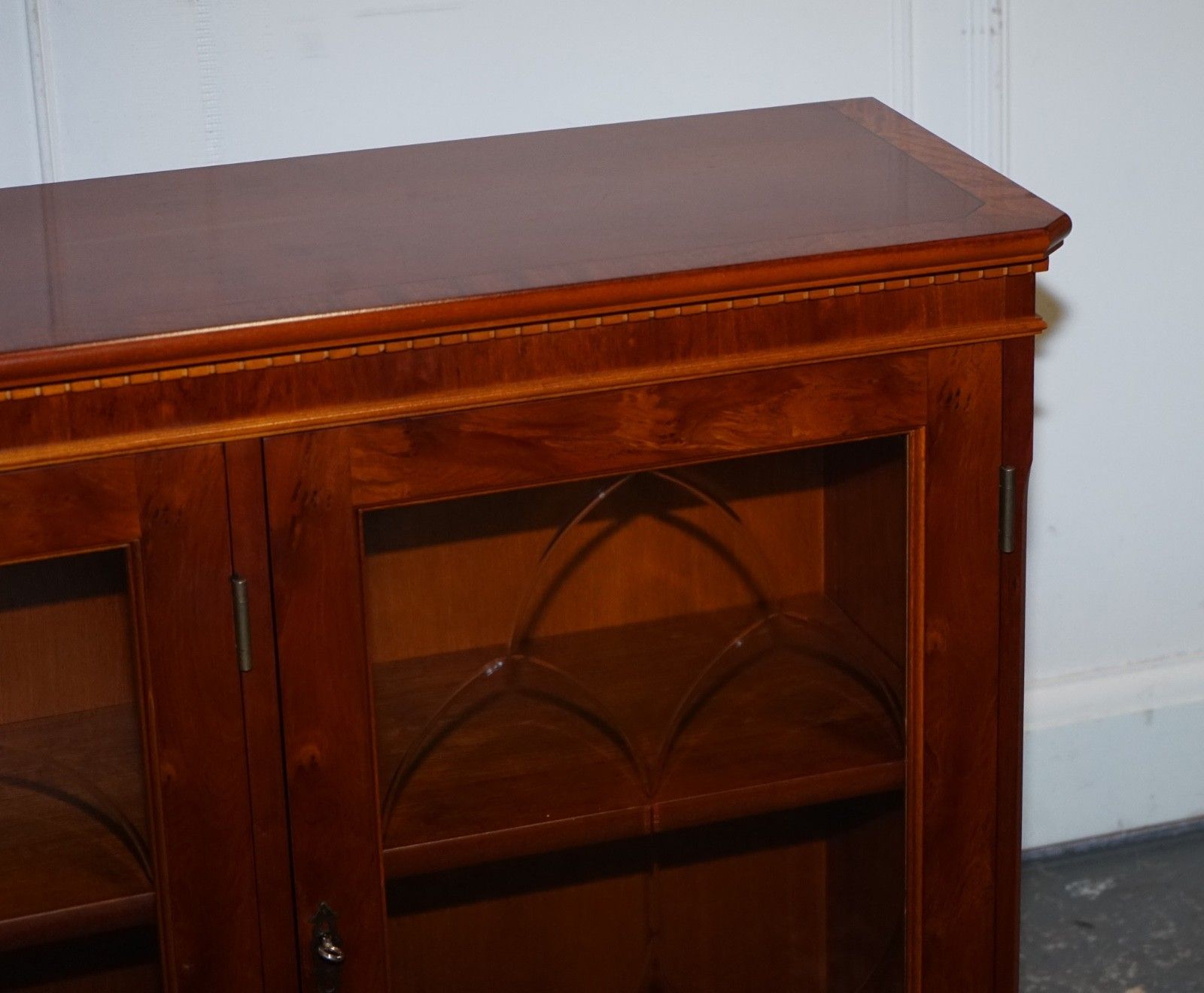 Vintage Yew Wood Glazed Bookcase Sideboard Triple Door Display Cabinet photo buy