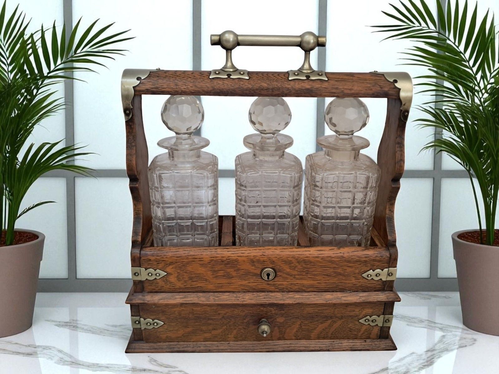 Antique Locking Tantalus + Three Decanters Oak & Brass Victorian Decanter Caddy