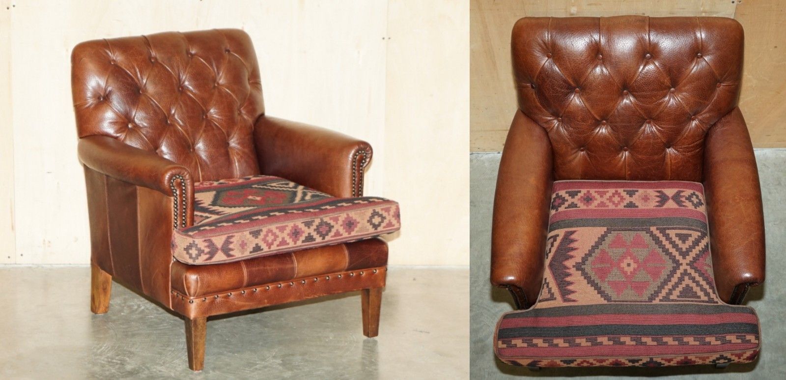Lovely Brown Leather Chesterfield Tufted Kilim Upholstered Library Armchair