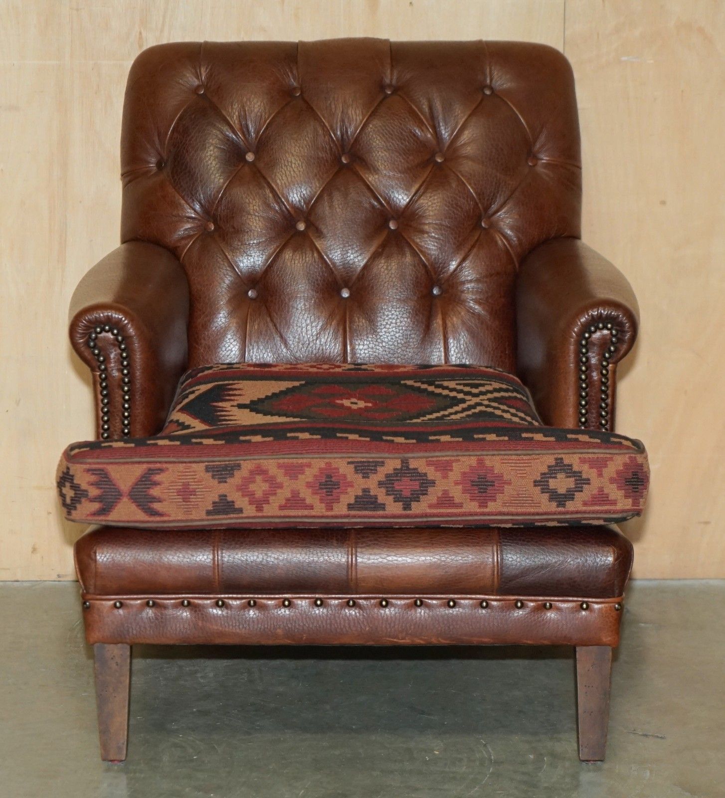 Lovely Brown Leather Chesterfield Tufted Kilim Upholstered Library Armchair photo for sale