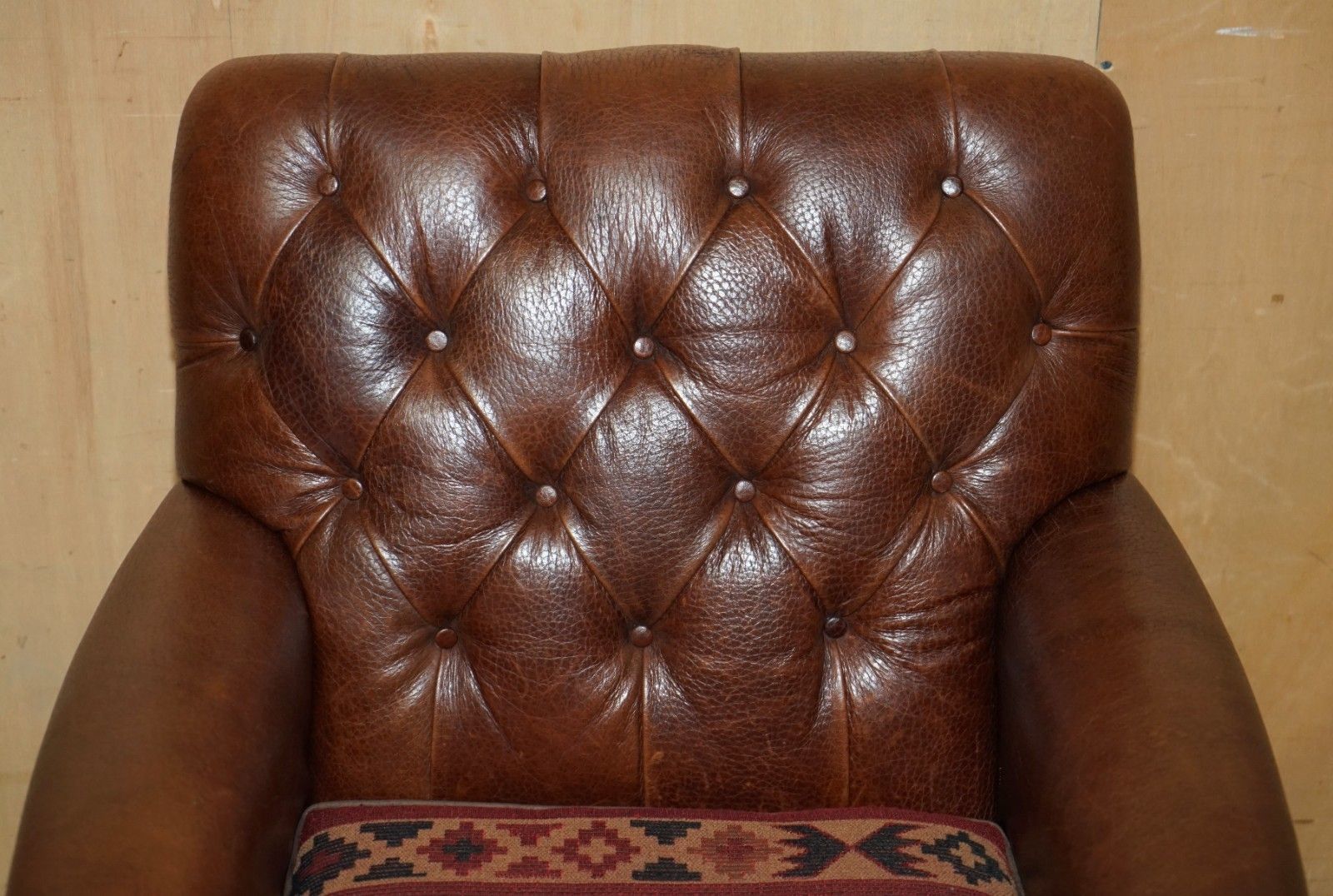 Lovely Brown Leather Chesterfield Tufted Kilim Upholstered Library Armchair photo Furniture