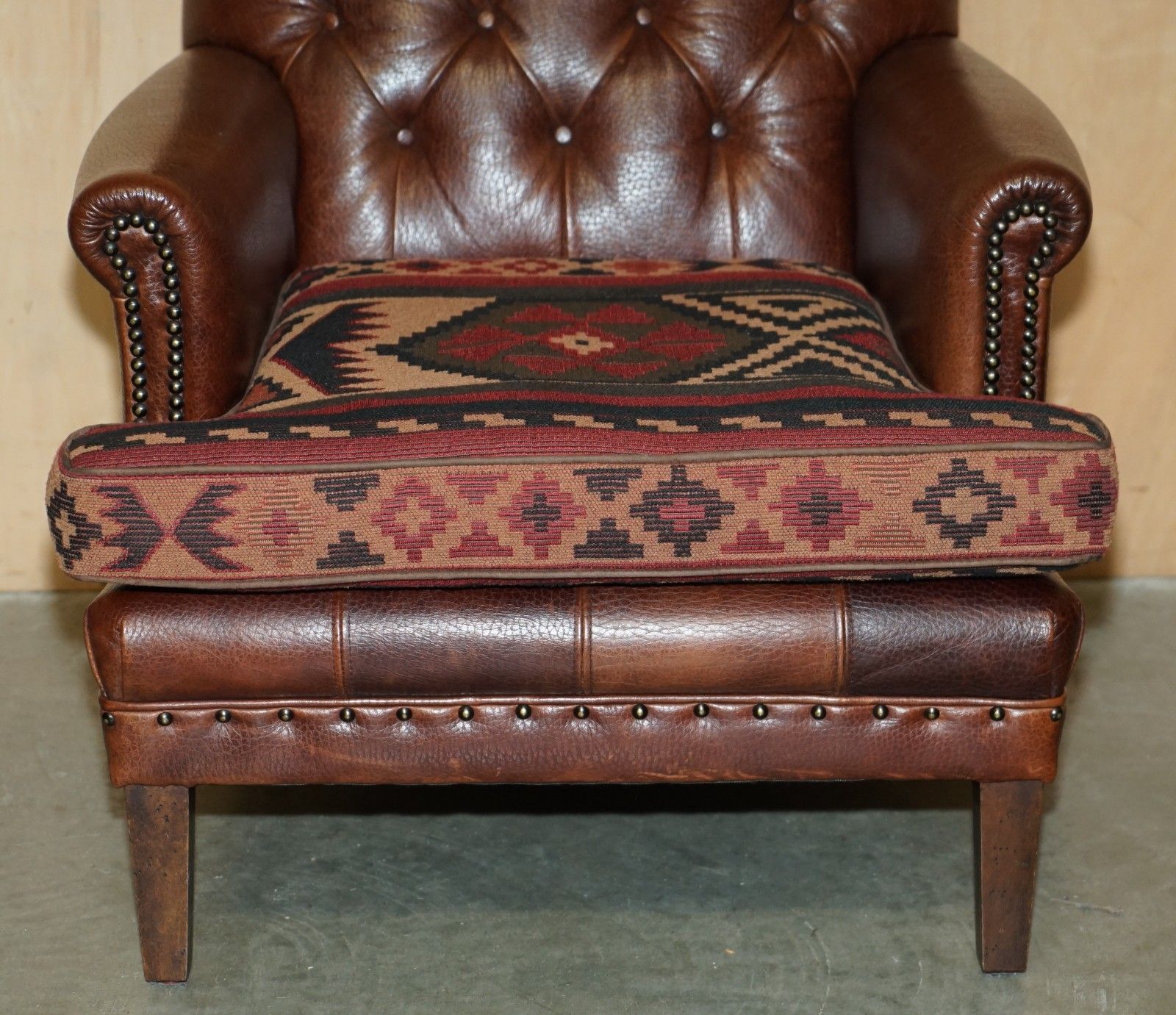 photo furniture Lovely Brown Leather Chesterfield Tufted Kilim Upholstered Library Armchair