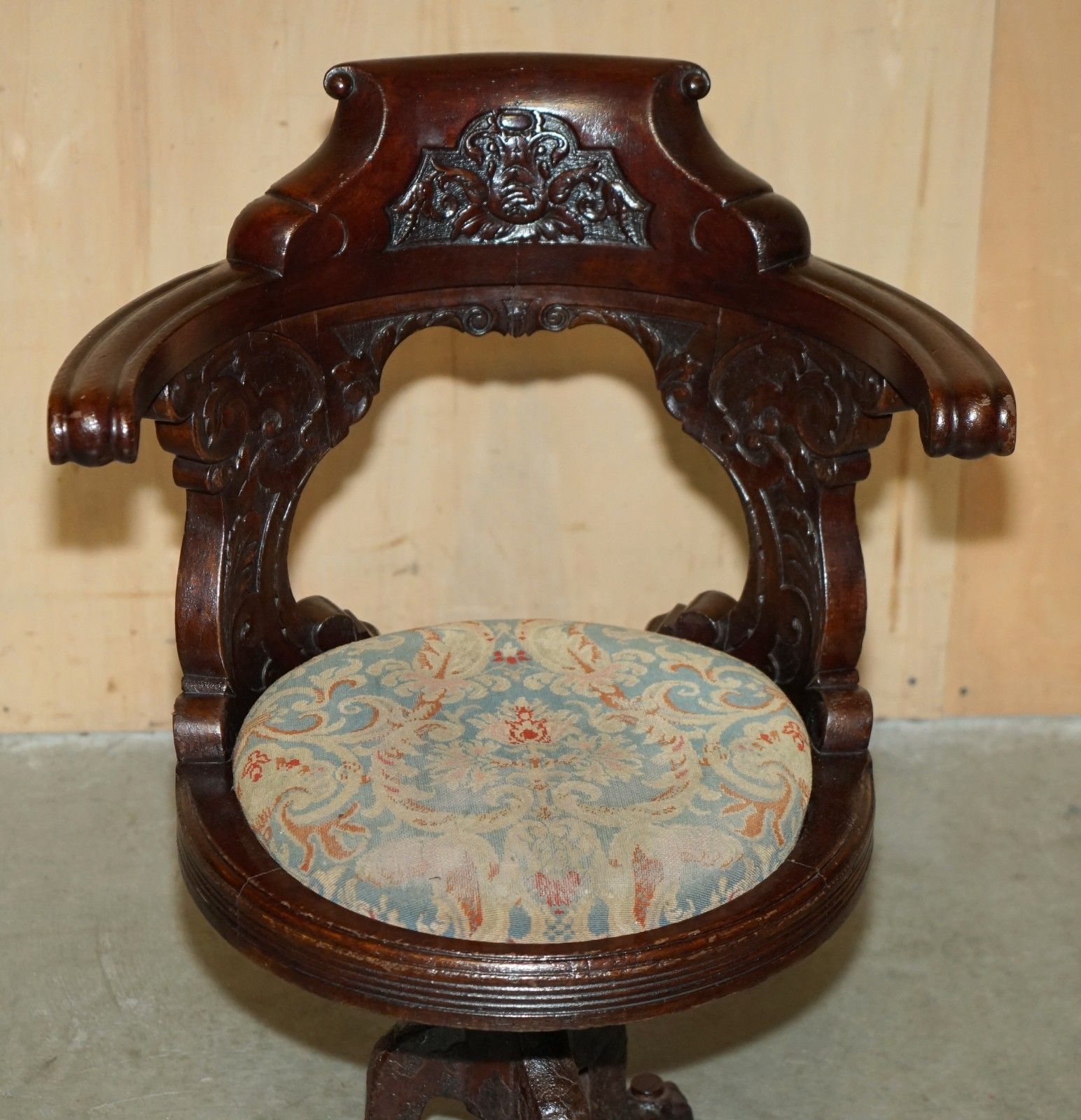 Antique Victorian Hand Carved Mahogany Ships Captains Cast Iron Base Armchair photo for sale