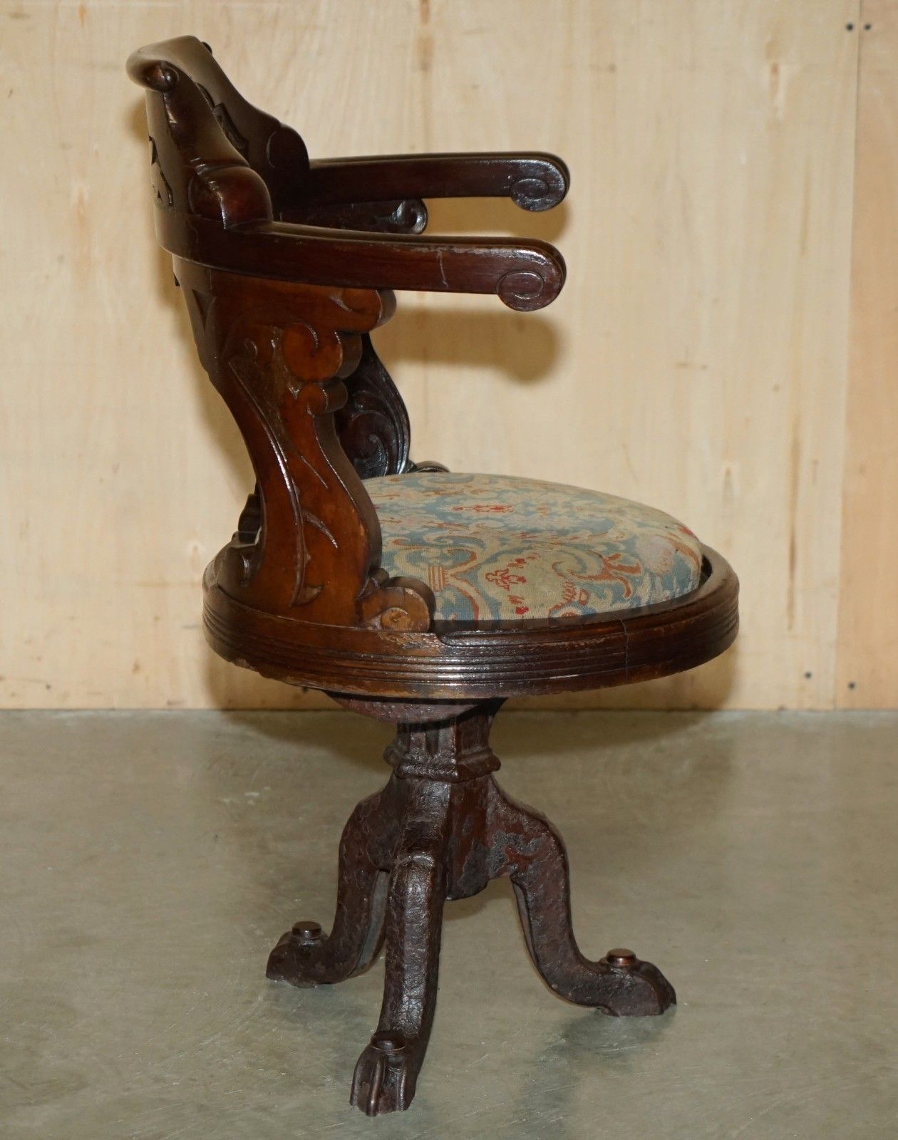 Furniture Antique Victorian Hand Carved Mahogany Ships Captains Cast Iron Base Armchair photo