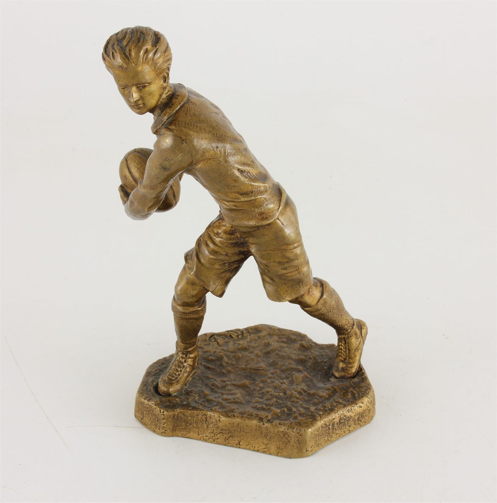 Gilt Bronze Rugby Player Statue. H Risch Rugby Figure & Ball. C1880 photo vinterior