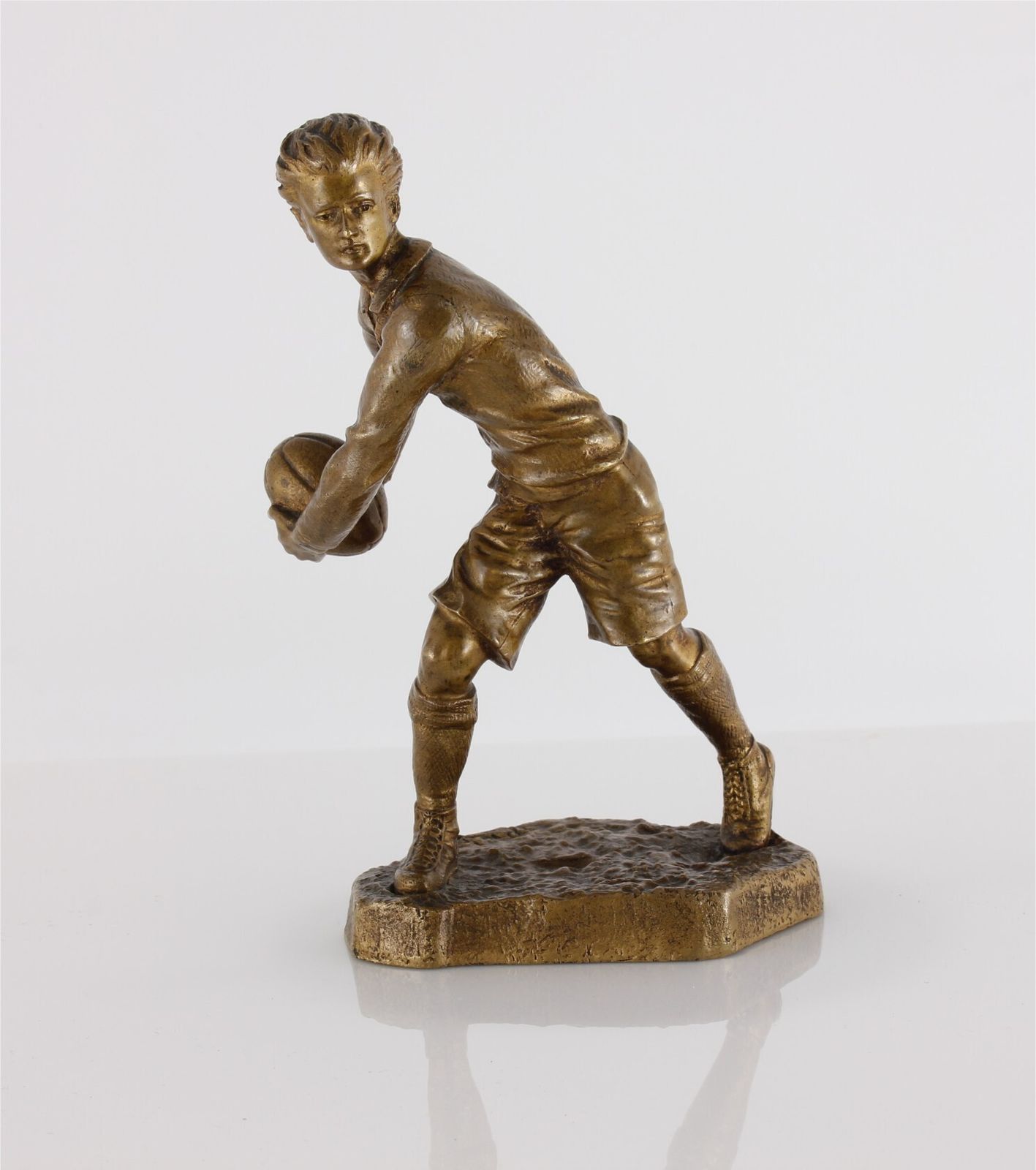 photo for sale Gilt Bronze Rugby Player Statue. H Risch Rugby Figure & Ball. C1880