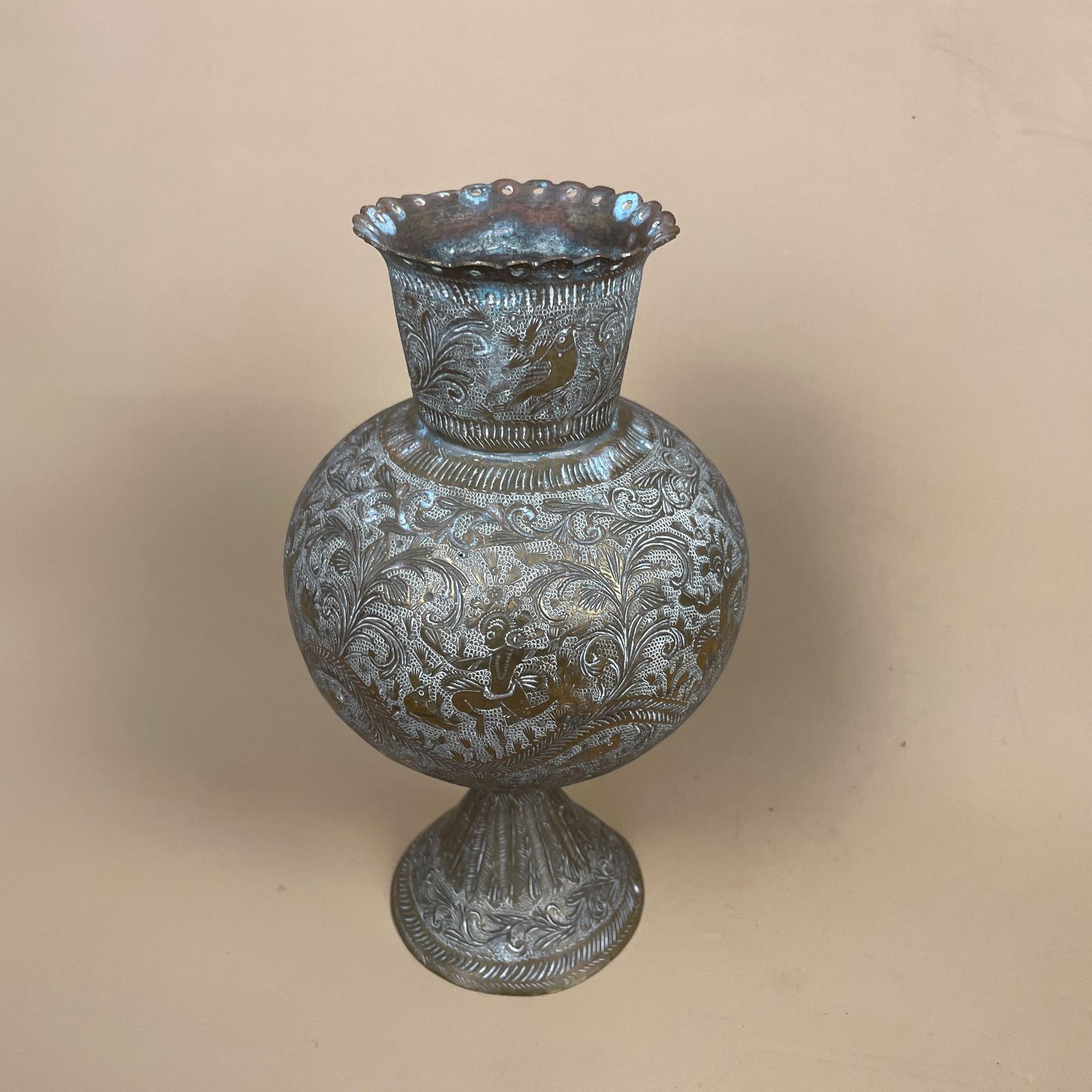 Antique Metal Gold Indian Patterned Brass Plant Pot Vase Jug Planter Jardiniere Handmade Engraved Etched Intricate Vintage Decorative Asian