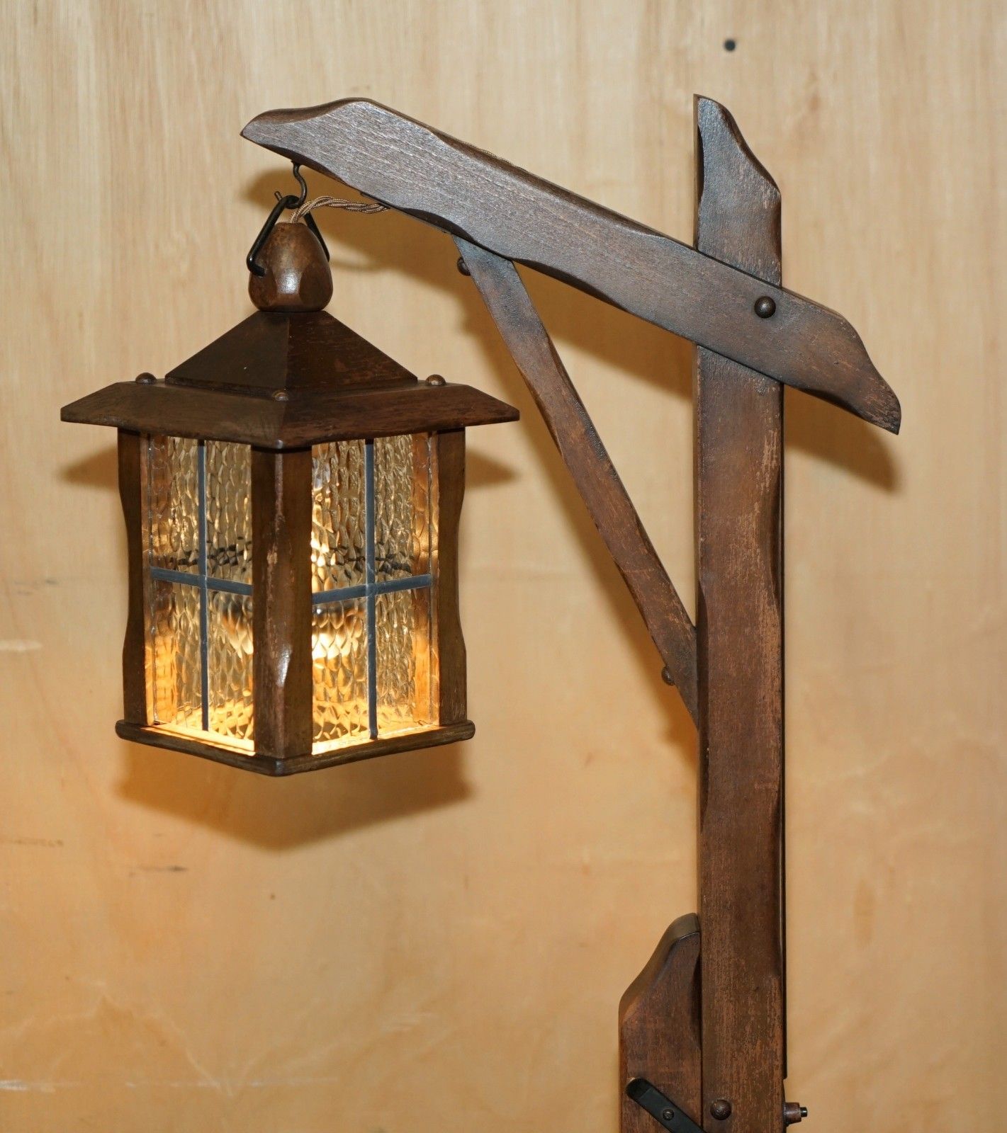 Antique Circa 1930's Mission Arts & Crafts Carved Oak Adjustable Floor Lamp photo furniture