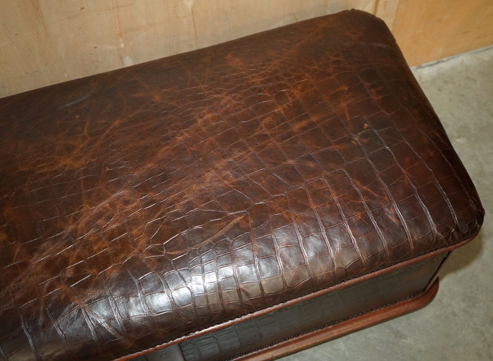 photo furniture Antique 1860 Mahogany Alligator Crocodile Patina Brown Leather Ottoman Trunk