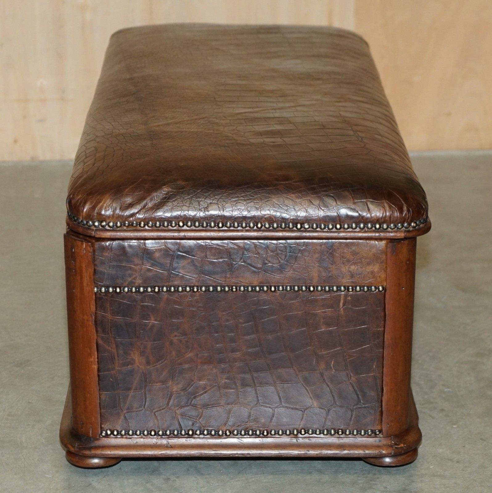 photo for sale Antique 1860 Mahogany Alligator Crocodile Patina Brown Leather Ottoman Trunk