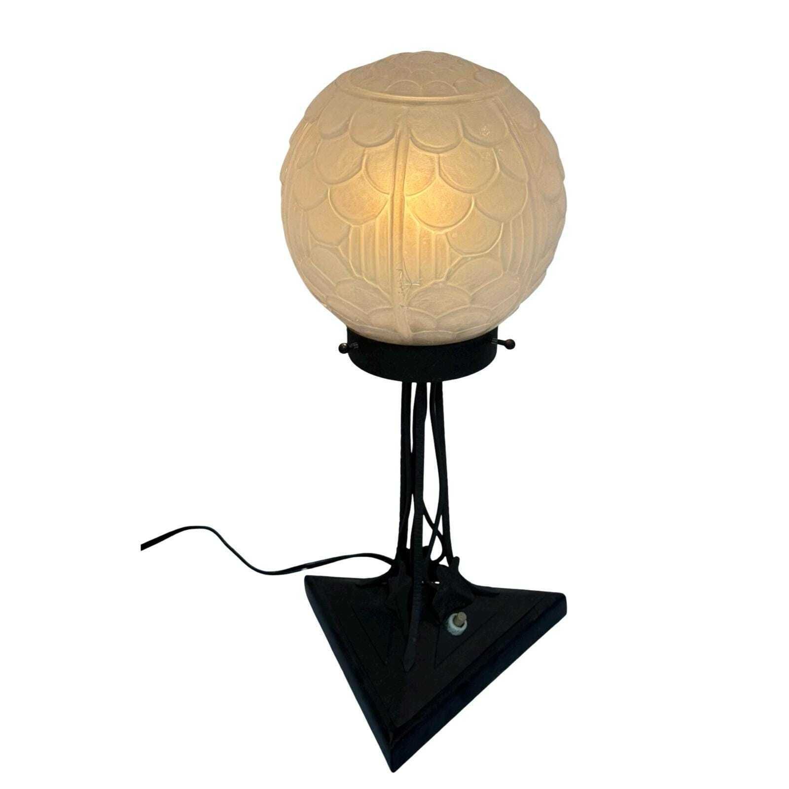 Art Deco   Table Lamp   Satin Glass Dome Resting On Wrought Iron Base   France   Ca. 1930's photo furniture