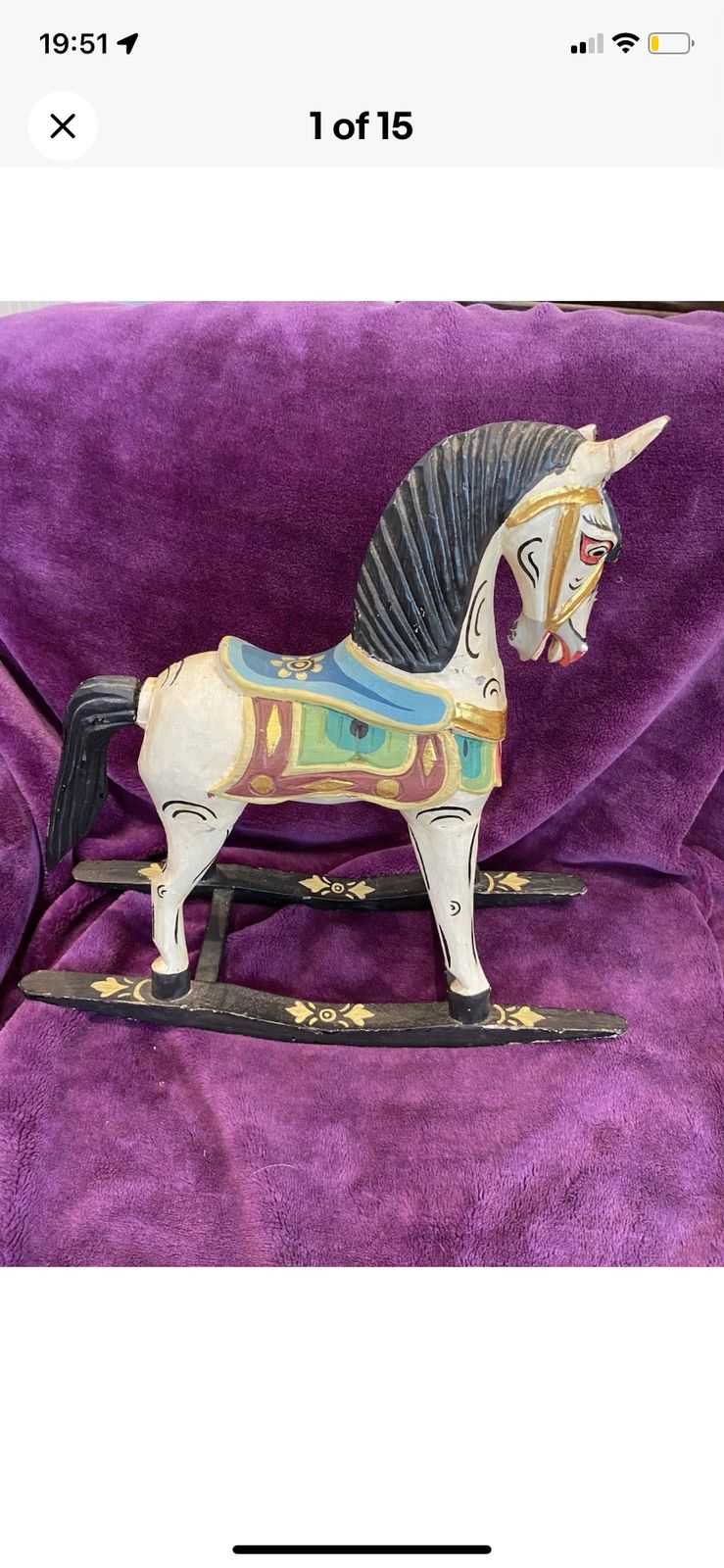 Antique Wooden Rocking Horse Multicoloured Gold Handmade Hand Paint Art photo for sale