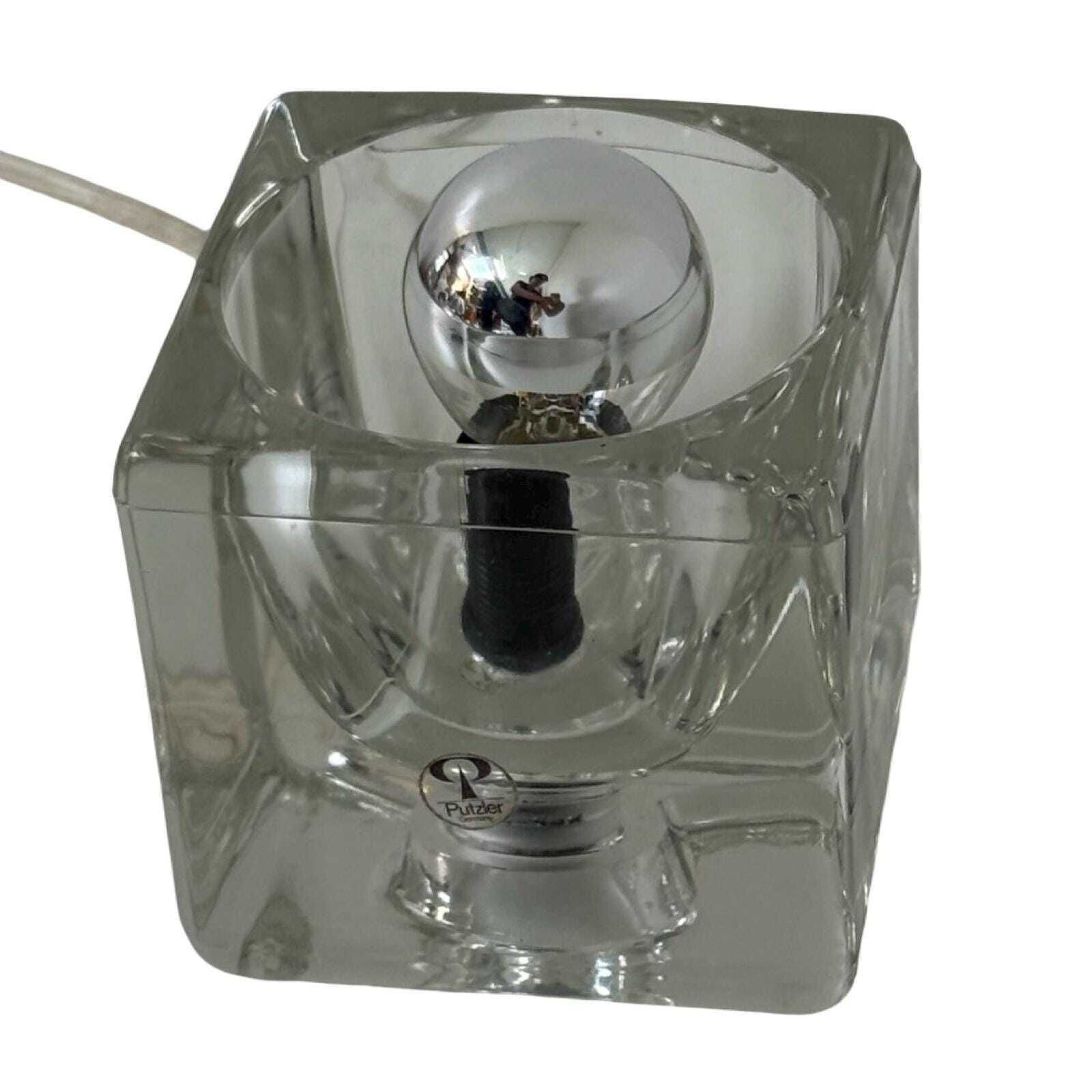 Peill & Putzler   Desk Lamp In The Shape Of A Glass Cube   Space Age / Pop Art Design   Germany   1970's (Marked, Original Sticker) photo vinterior