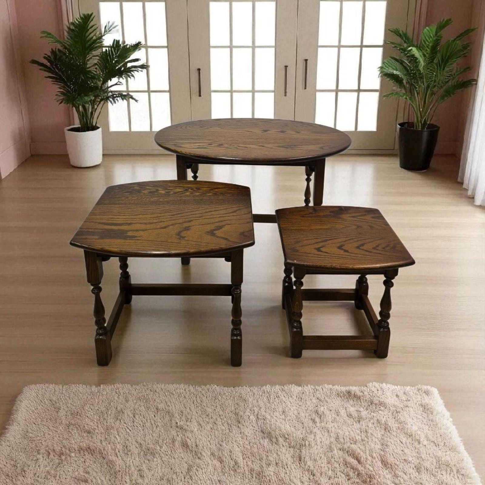 Vintage Old Charm Wood Bros / Oval Oak Nest Of 3 Tables / C1970 photo furniture
