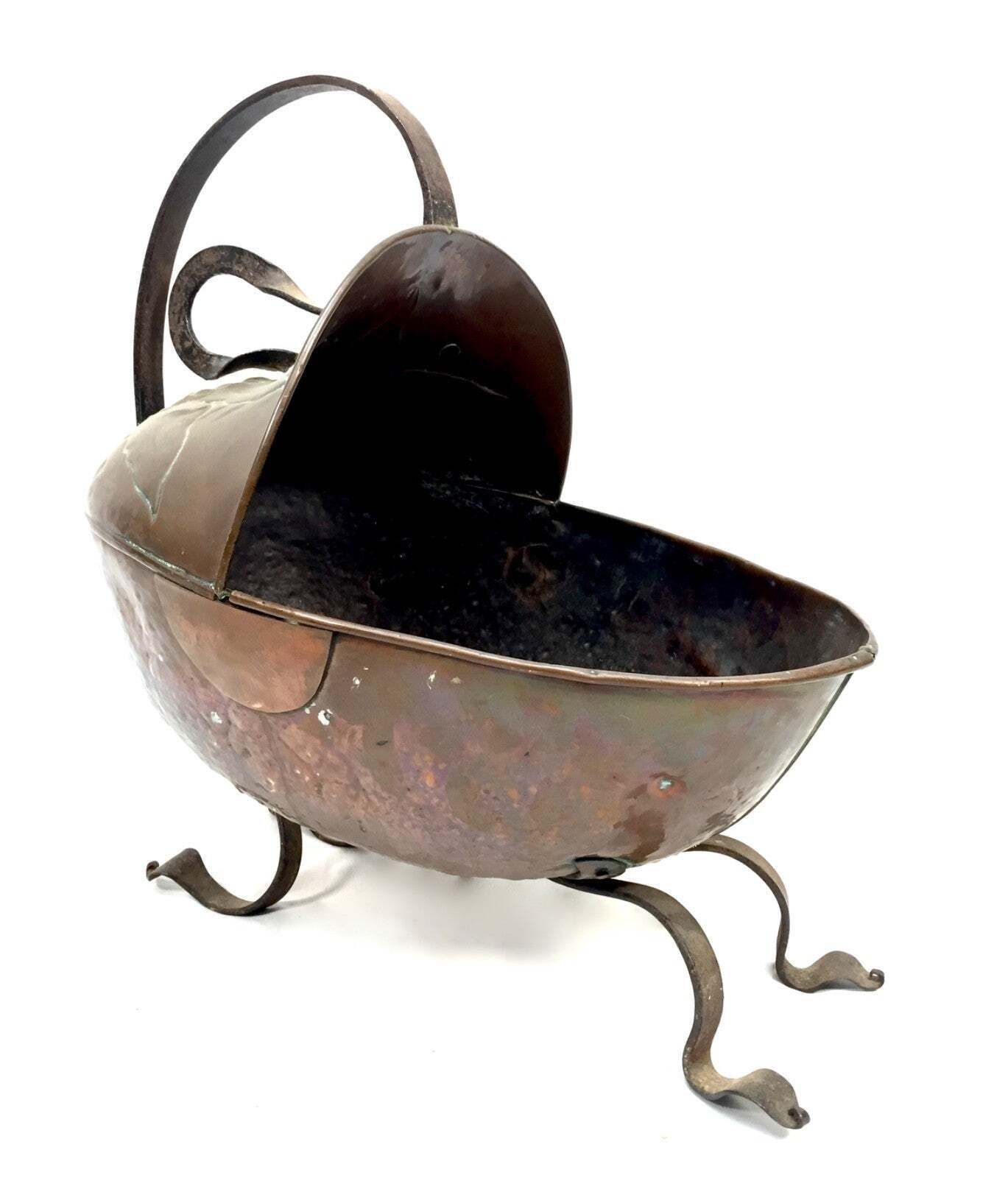 Antique Copper Coal Helemt Scuttle With Brass Legs Art Nouveau / 19th Century