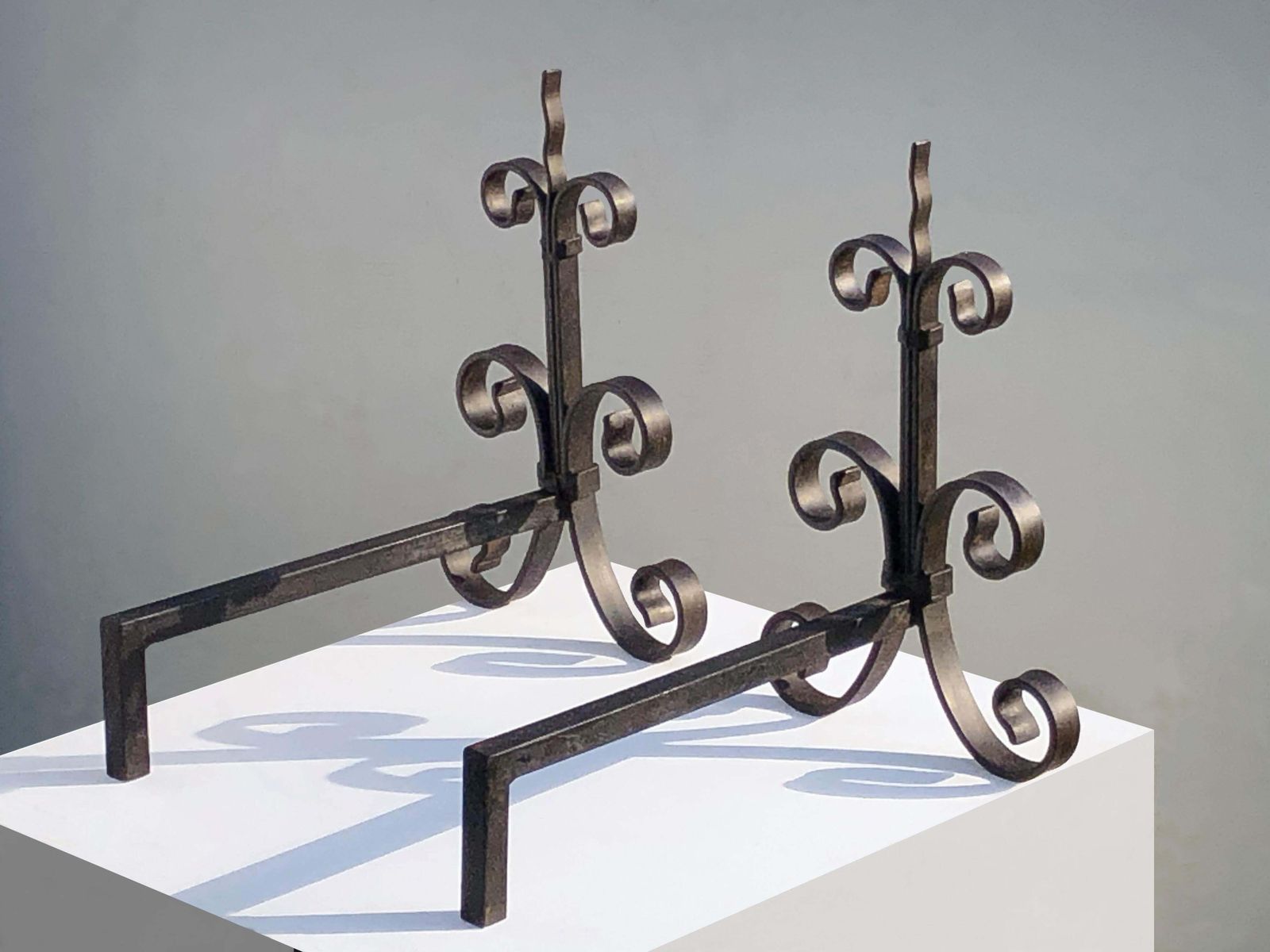 photo furniture Pair Of Wrought Iron Art Deco Neoclassical Shabby Chic Andirons, France 1930