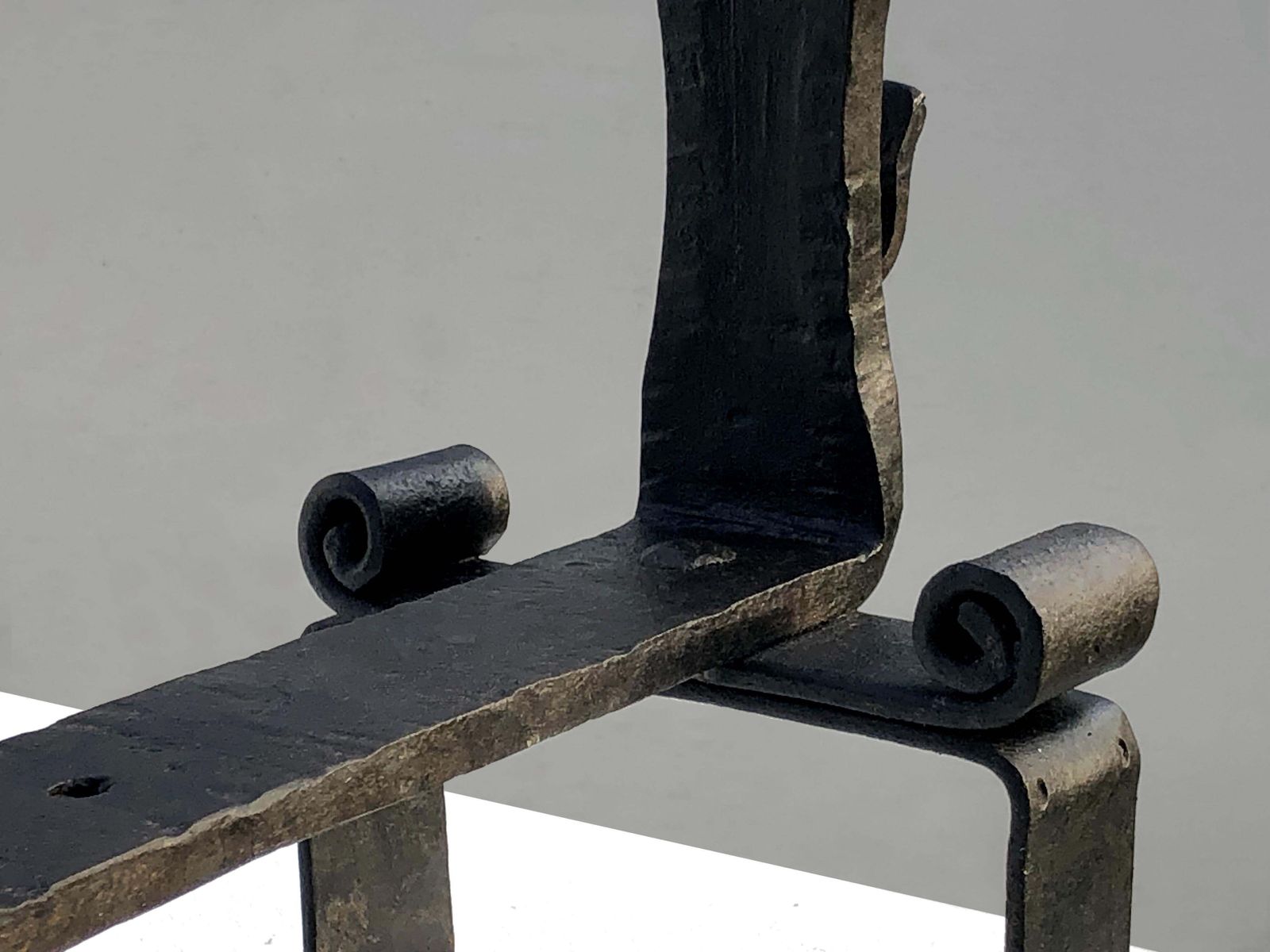 photo furniture Pair Of Brutalist Neoclassical Shabby Chic Wrought Iron Andirons, France 1960