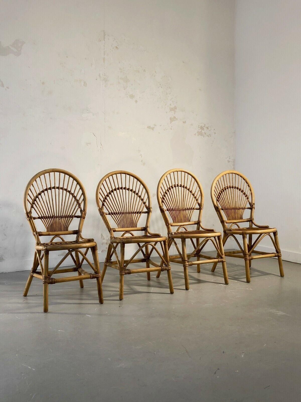 Set Of 4 Shabby Chic Bamboo Chairs In Audoux Minnet Style, France 1970 photo vintage