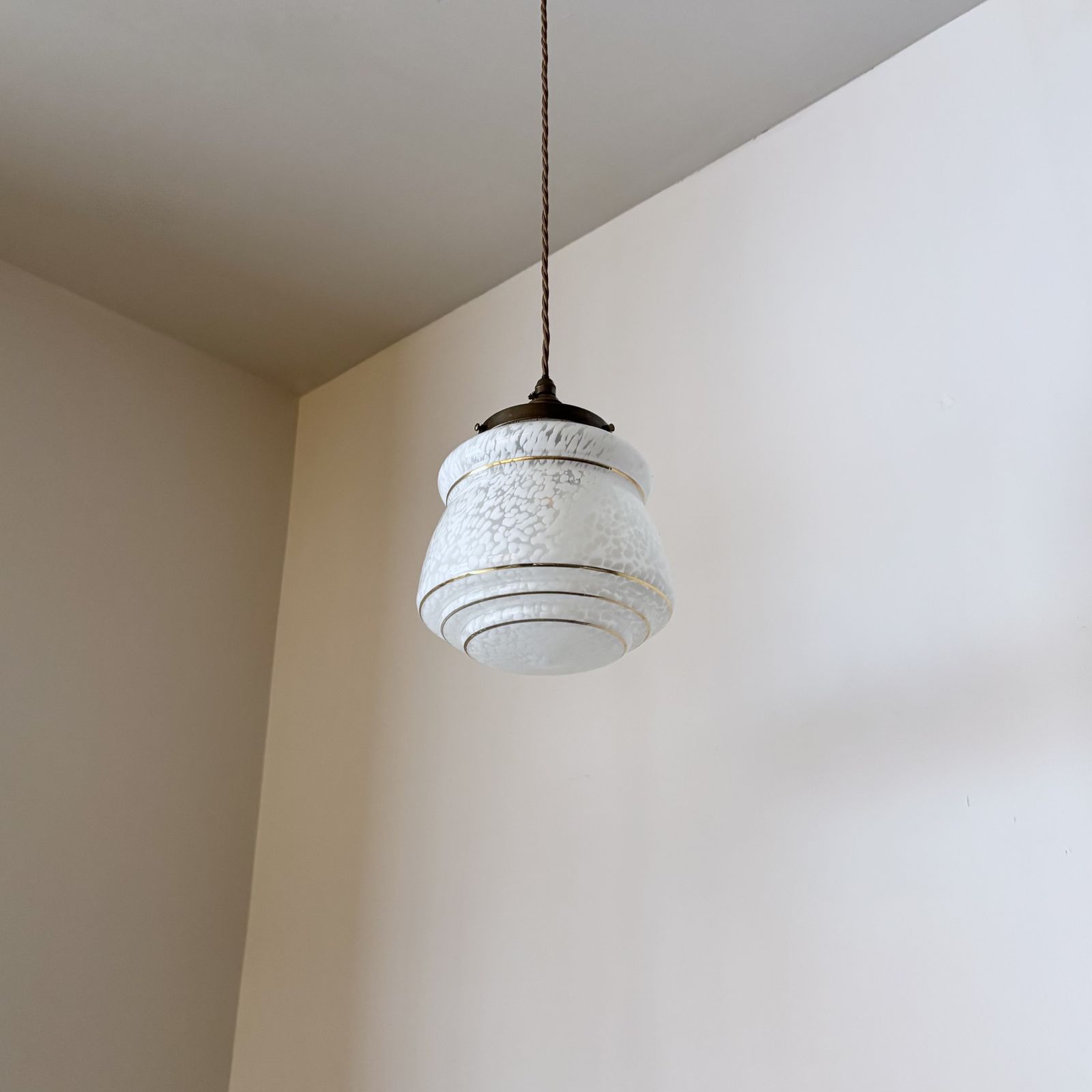 Enclosed White Mottled Glass Shade With Gold Band Details photo for sale
