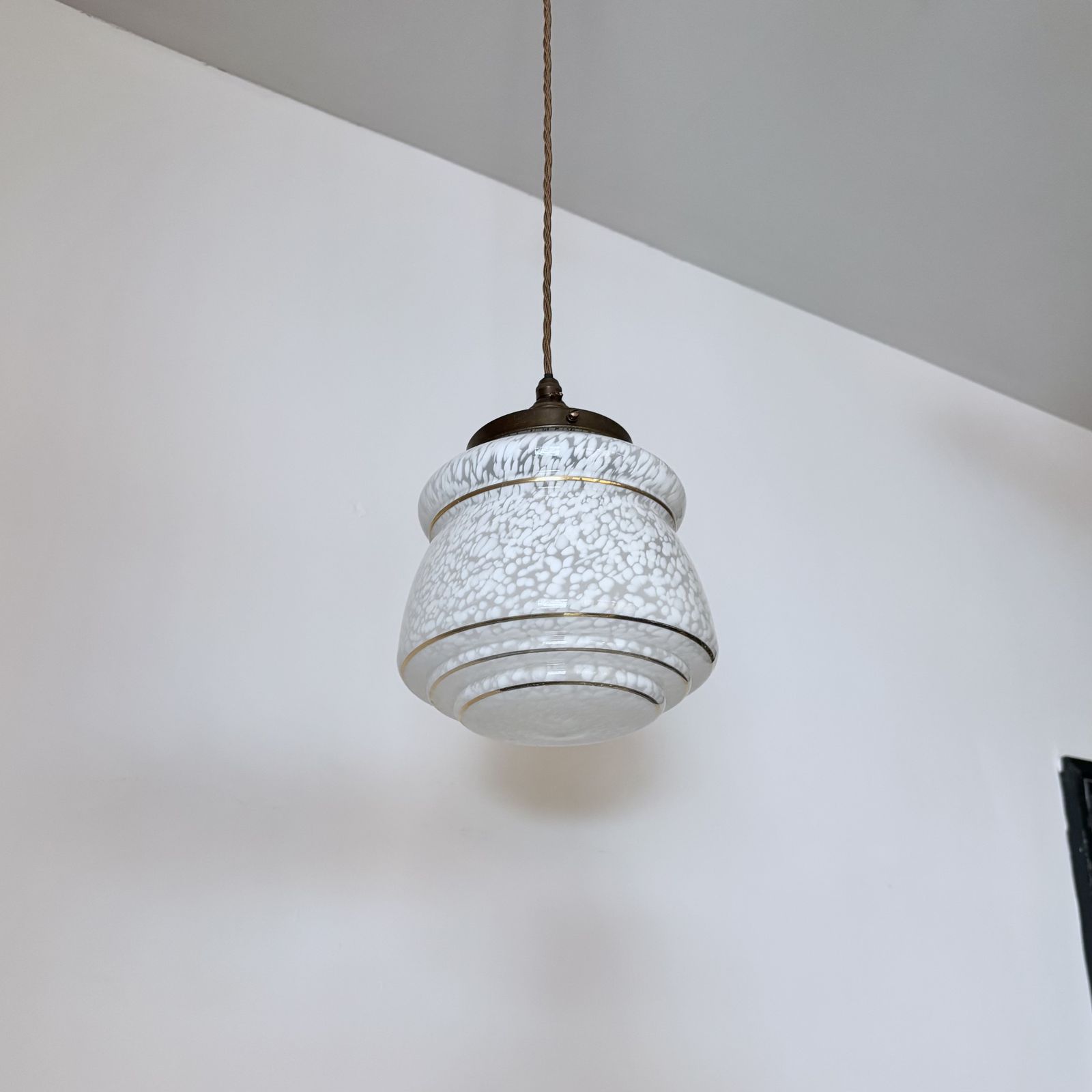 Enclosed White Mottled Glass Shade With Gold Band Details photo Lighting