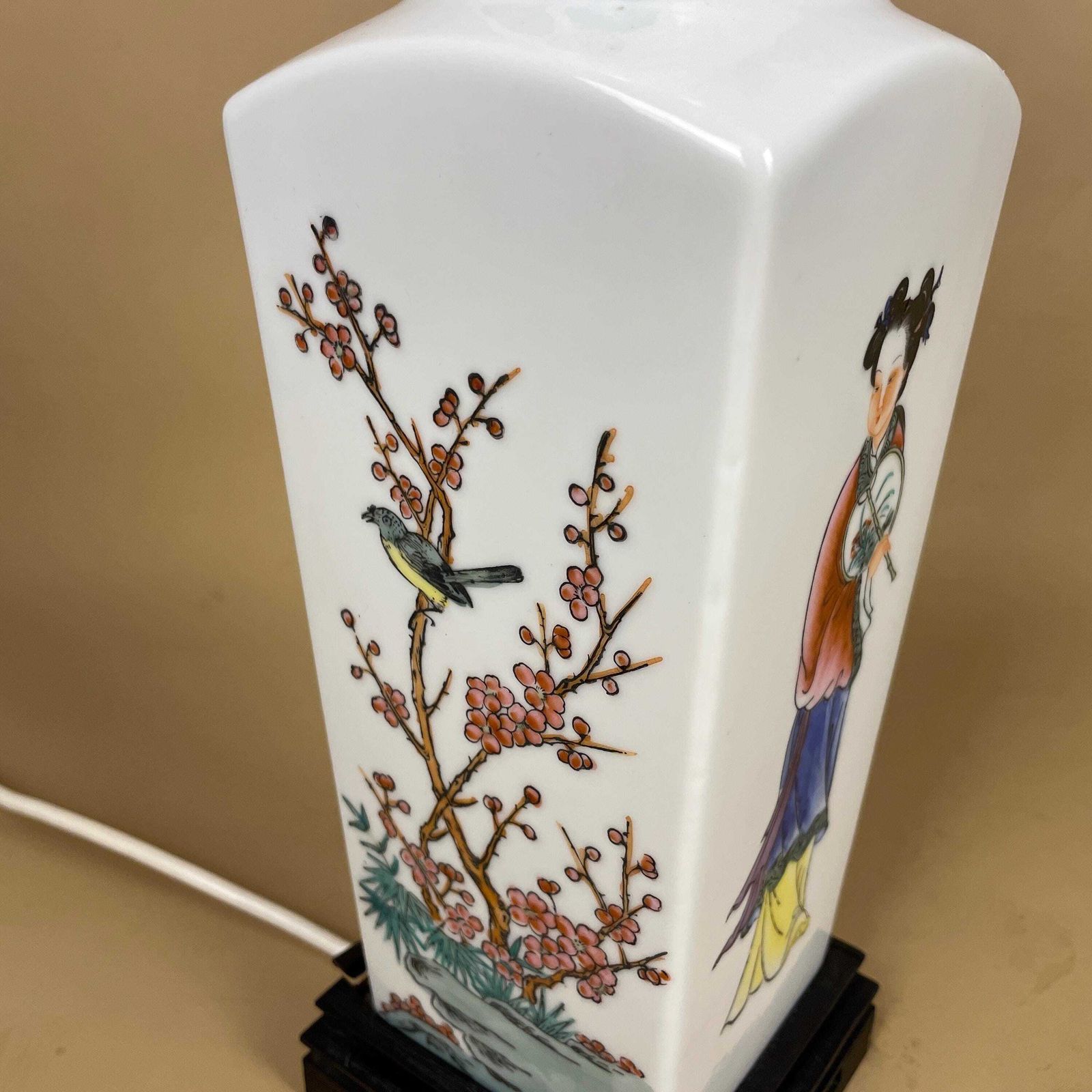 Vintage Ceramic Lamp Light Bedside Table Hand Painted Floral Design Pattern Wood Base Oriental Japanese Vase White Antique Brass Ginger Jar photo for sale