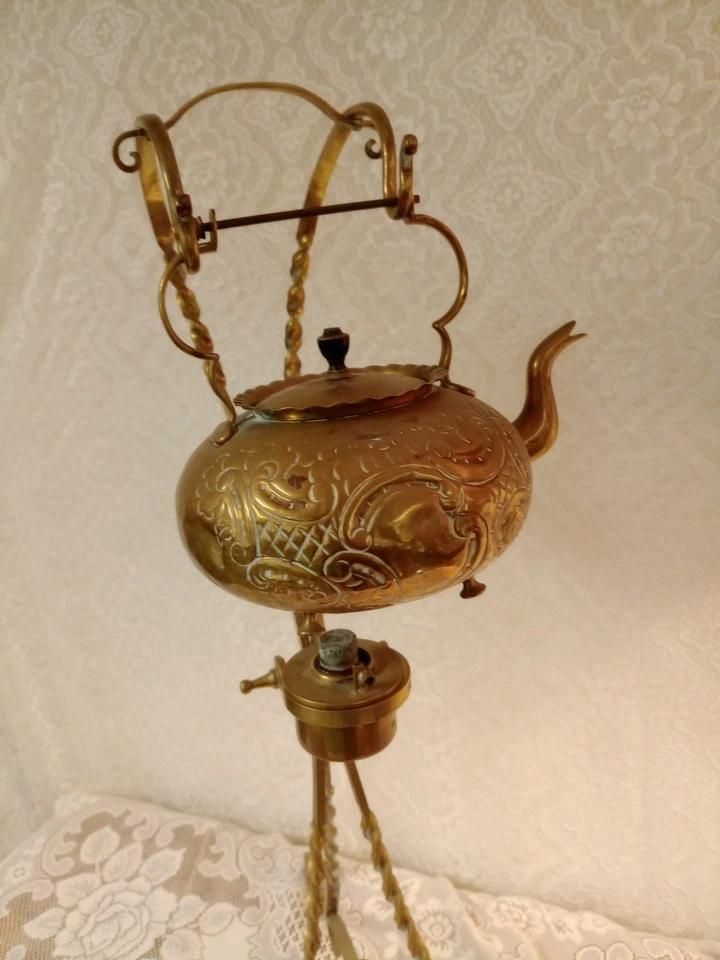 Antique Brass Spirit Kettle On Stand photo for sale