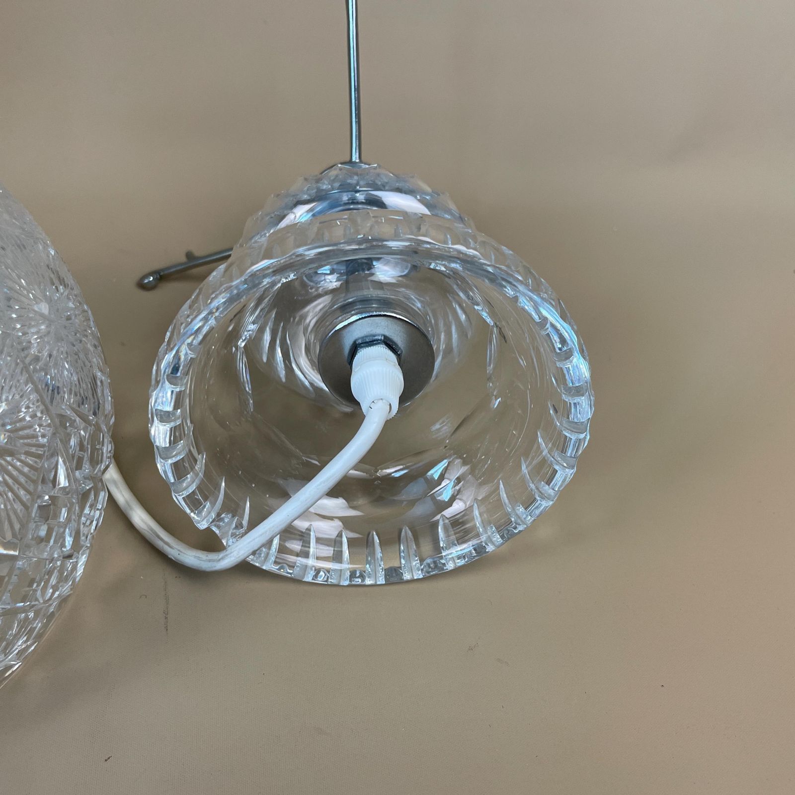 photo furniture Antique Clear Cut Glass Lamp Light Bedside Table Silver Fitting Art Deco Scalloped Edge Vintage Dome Round Shade Patterned Pattern Oil