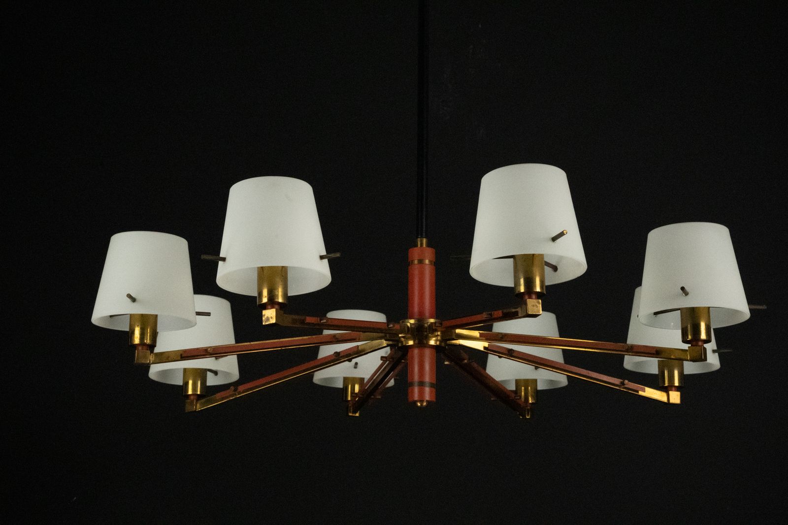 Mid Century 8 Arms Stilnovo Chandelier In Opaline, Brass And Red Lacquer. Italy 1950s
