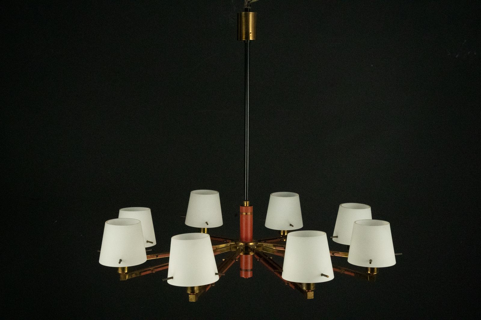 Mid Century 8 Arms Stilnovo Chandelier In Opaline, Brass And Red Lacquer. Italy 1950s photo vinterior
