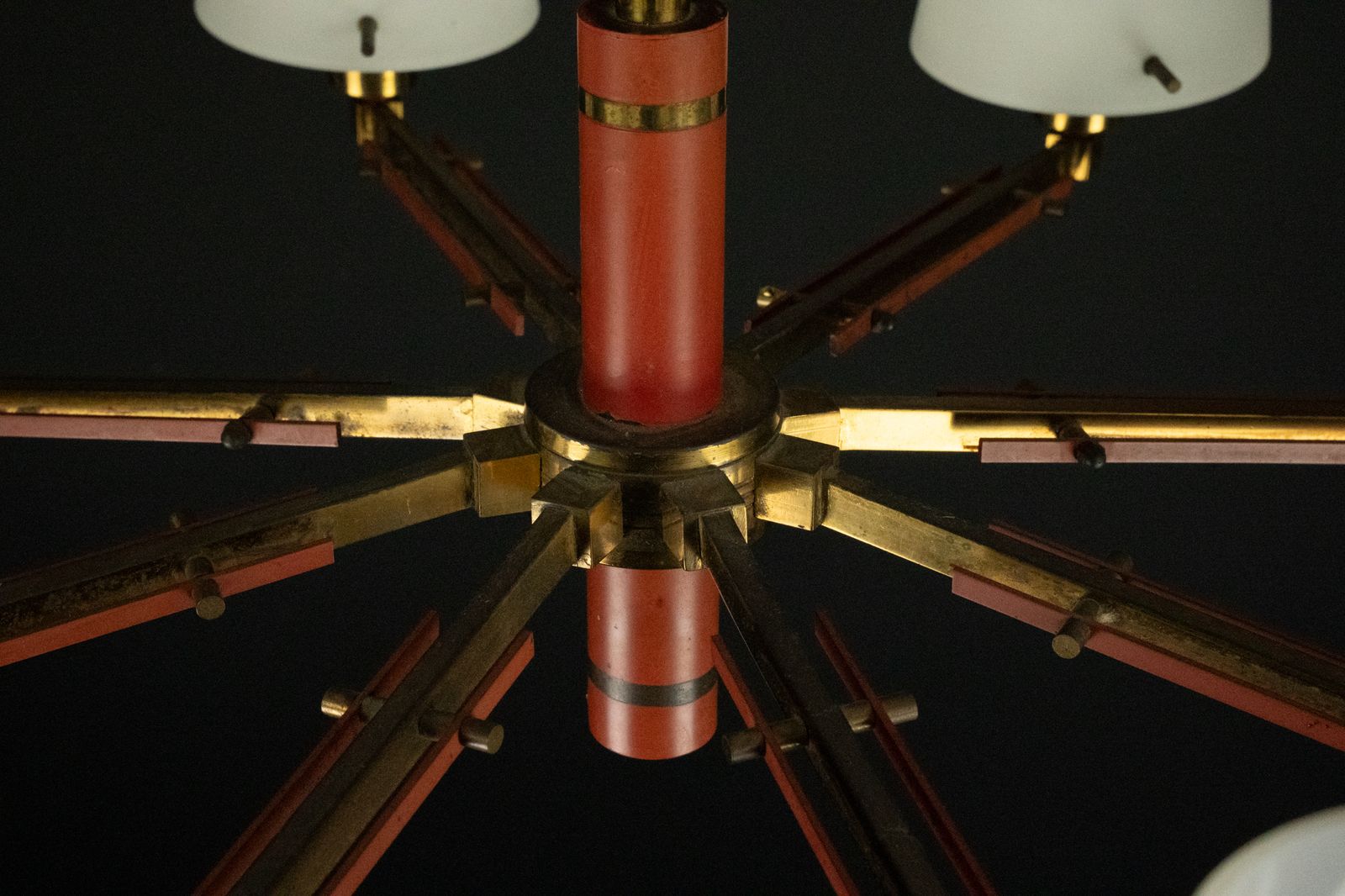 photo for sale Mid Century 8 Arms Stilnovo Chandelier In Opaline, Brass And Red Lacquer. Italy 1950s