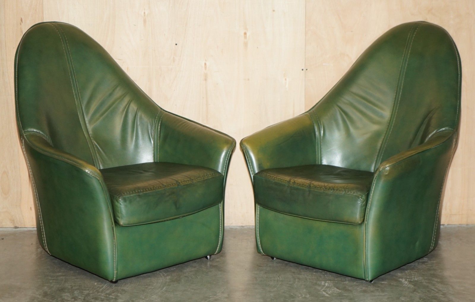 Vintage Circa 1970's Green Leather Sculptural Sofa Armchair Footstool Suite photo furniture