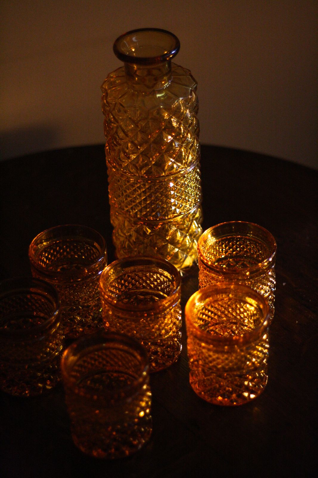 Vintage Amber Cut Glass Carafe & 6 Tumblers | Mid Century Barware Set photo for sale