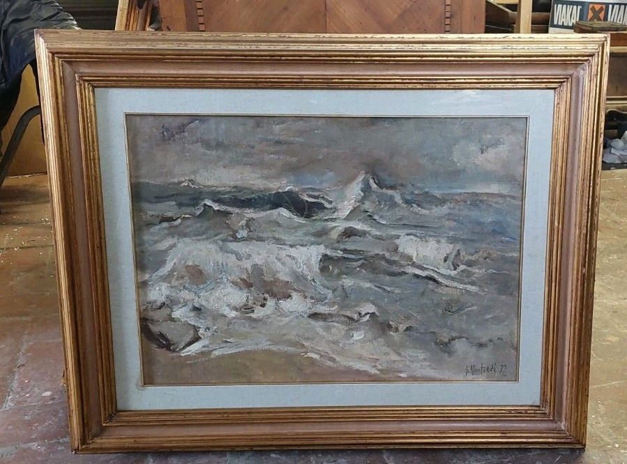 Giuseppe Manfredi (1934 1987) Marina Oil Painting Cardboard Canvas 70 X 50 photo furniture