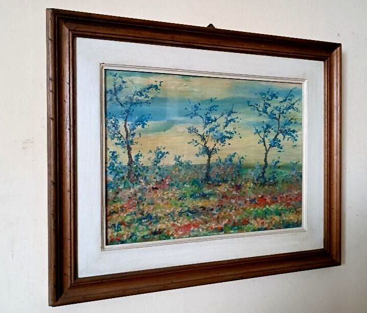 Oil Painting On Board Landscape Countryside Flowery Meadow Signed And Dated