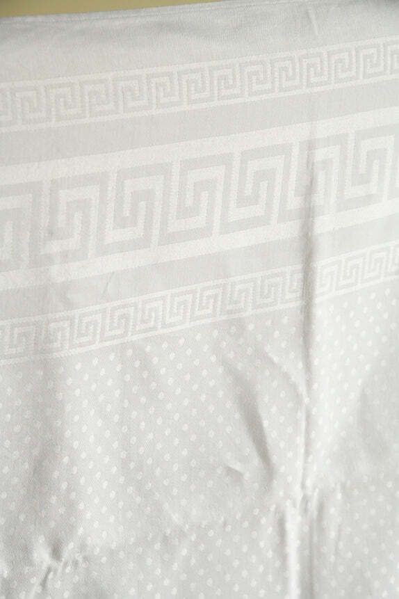 Large Greek Key White Damask Linen Tablecloth photo Textiles