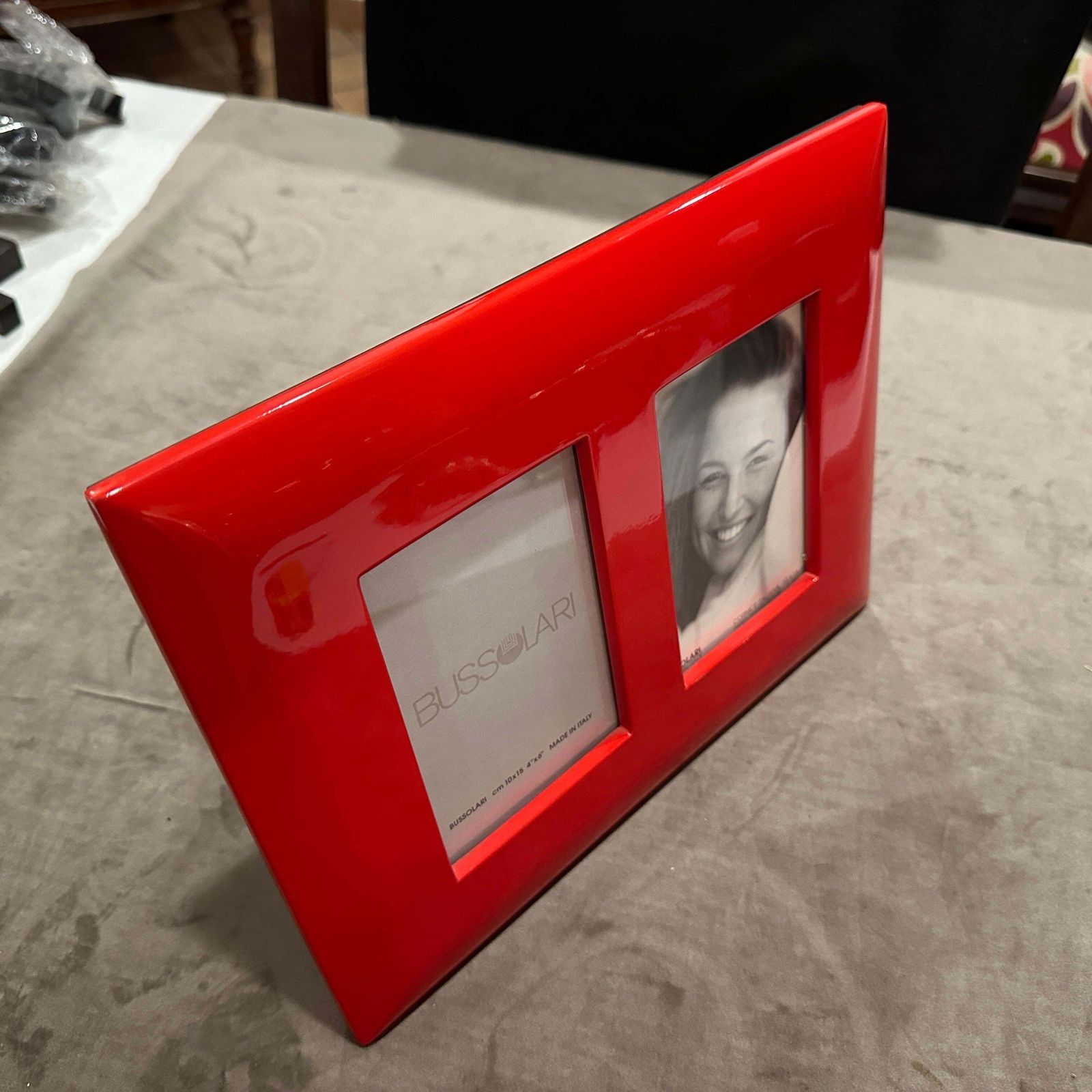 1990s Modern Red Lacquered Wood Italian Design Double Picture Frame By Bussolari photo vintage