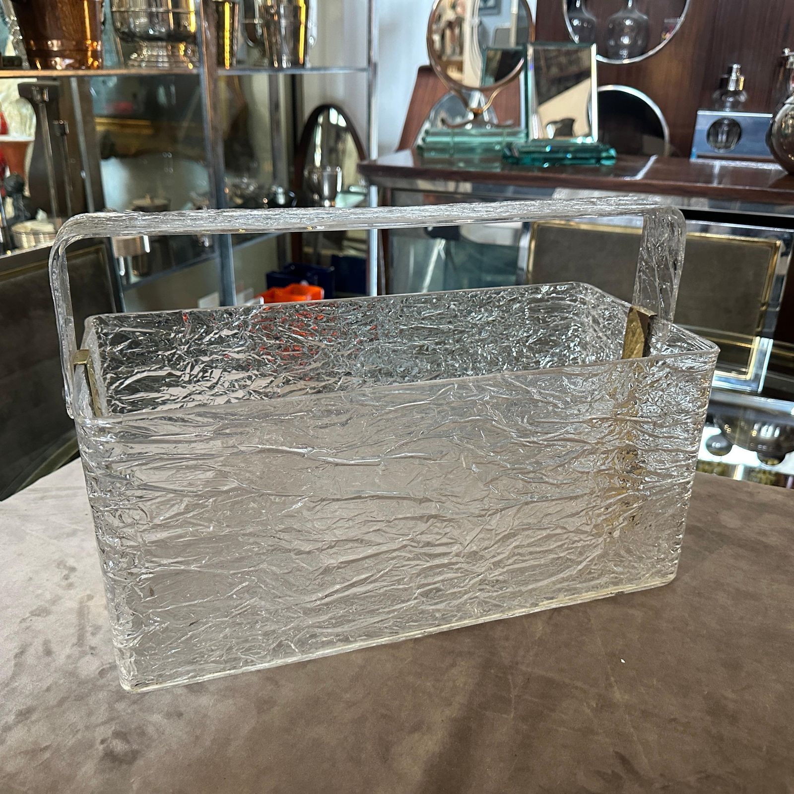 photo furniture 1980s Modern Iced Lucite And Brass Italian Design Magazine Rack By Cavinato