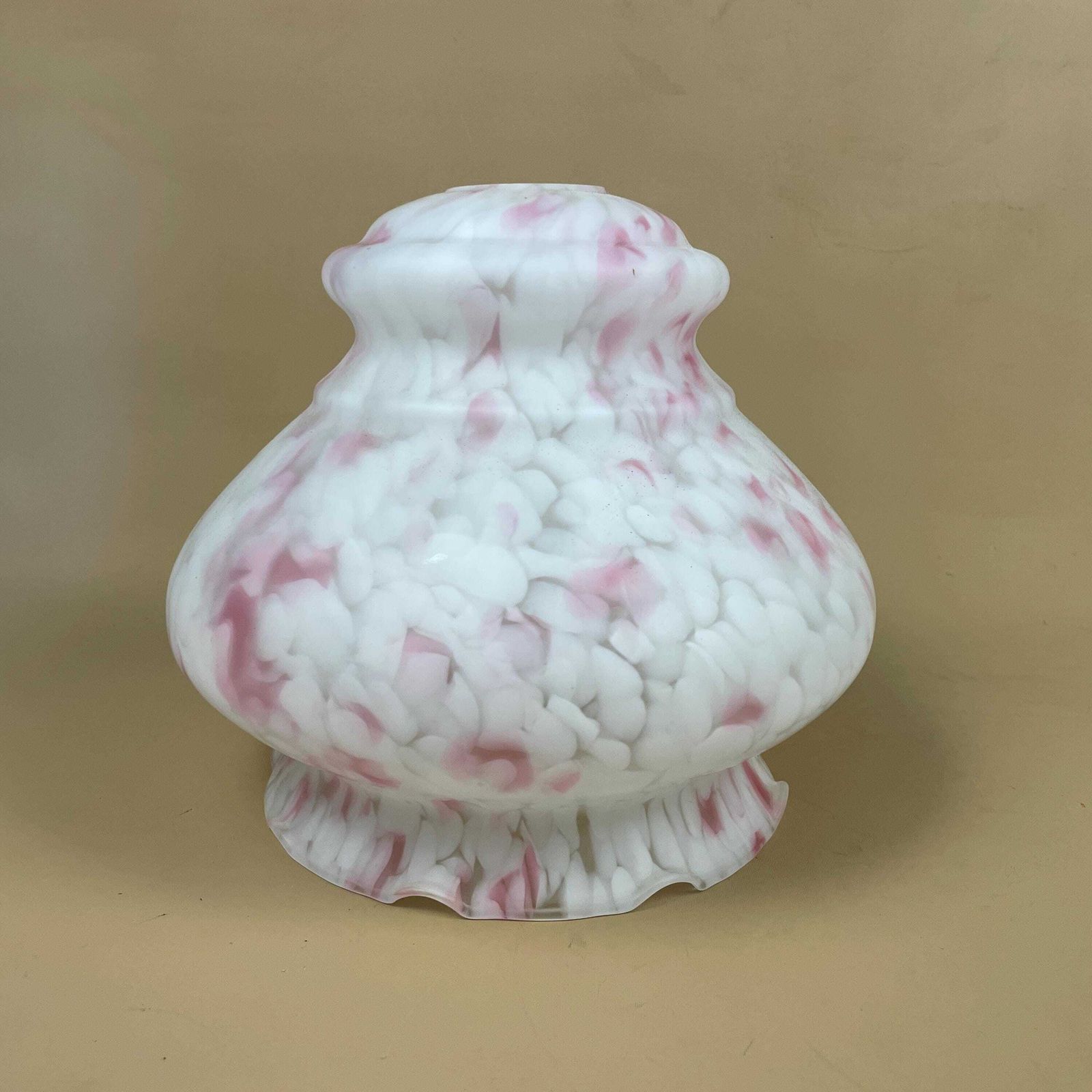 Vintage Glass Ceiling Light Shade White Pink Frosted Pendant Stain Glass Tiffany Style Mushroom Patterned Milky Art Deco Scallop Frilly Edge photo for sale
