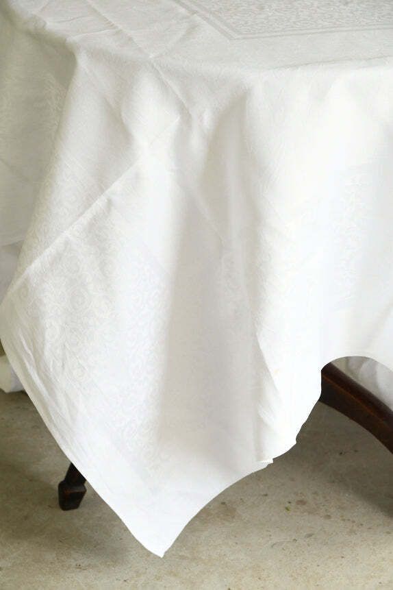 Large Square White Linen Damask Tablecloth photo Textiles