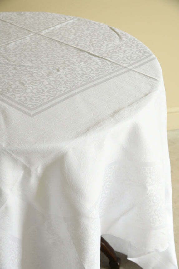 Large Square White Linen Damask Tablecloth photo vinterior