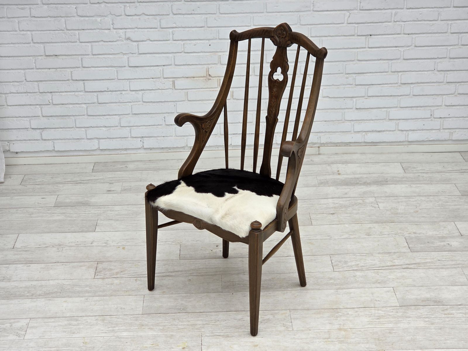 1960s, Danish High Backed Armchair, Reupholstered, Furniture Cowhide, Oak. photo vintage