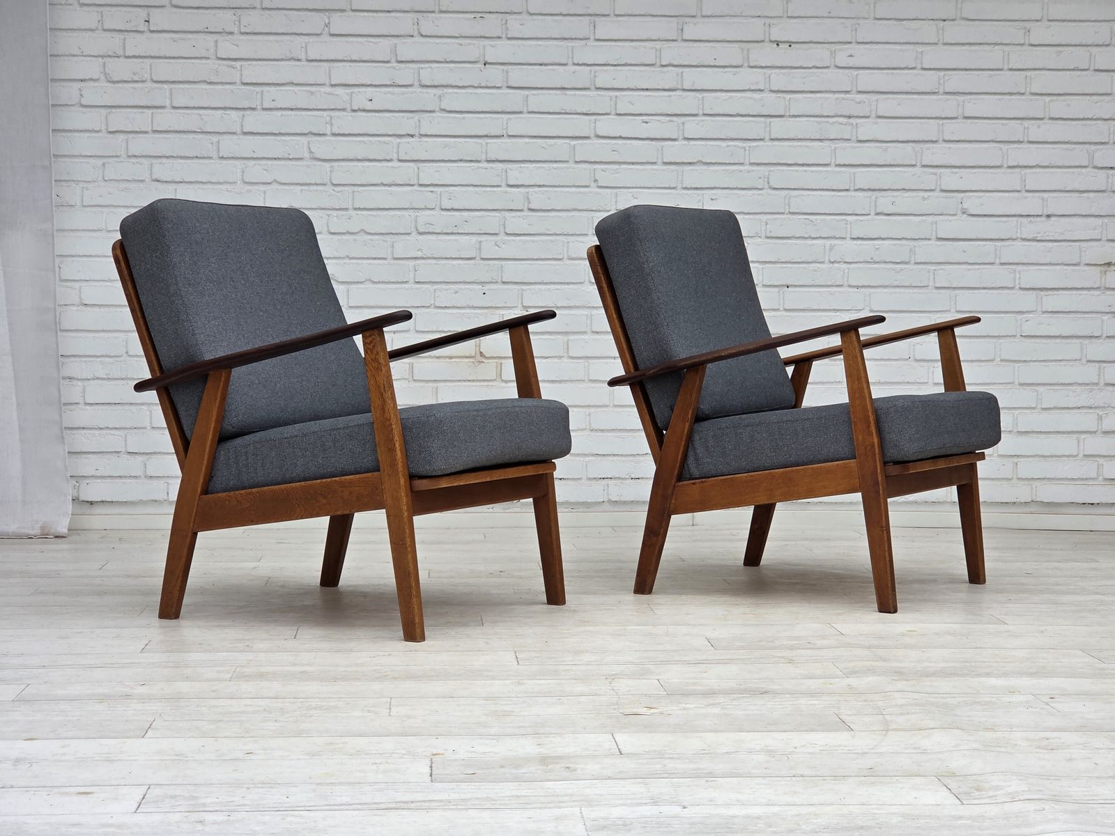 1970s, Pair Of Danish Armchairs, Reupholstered, Furniture Wool, Teak And Oak Wood. photo Furniture