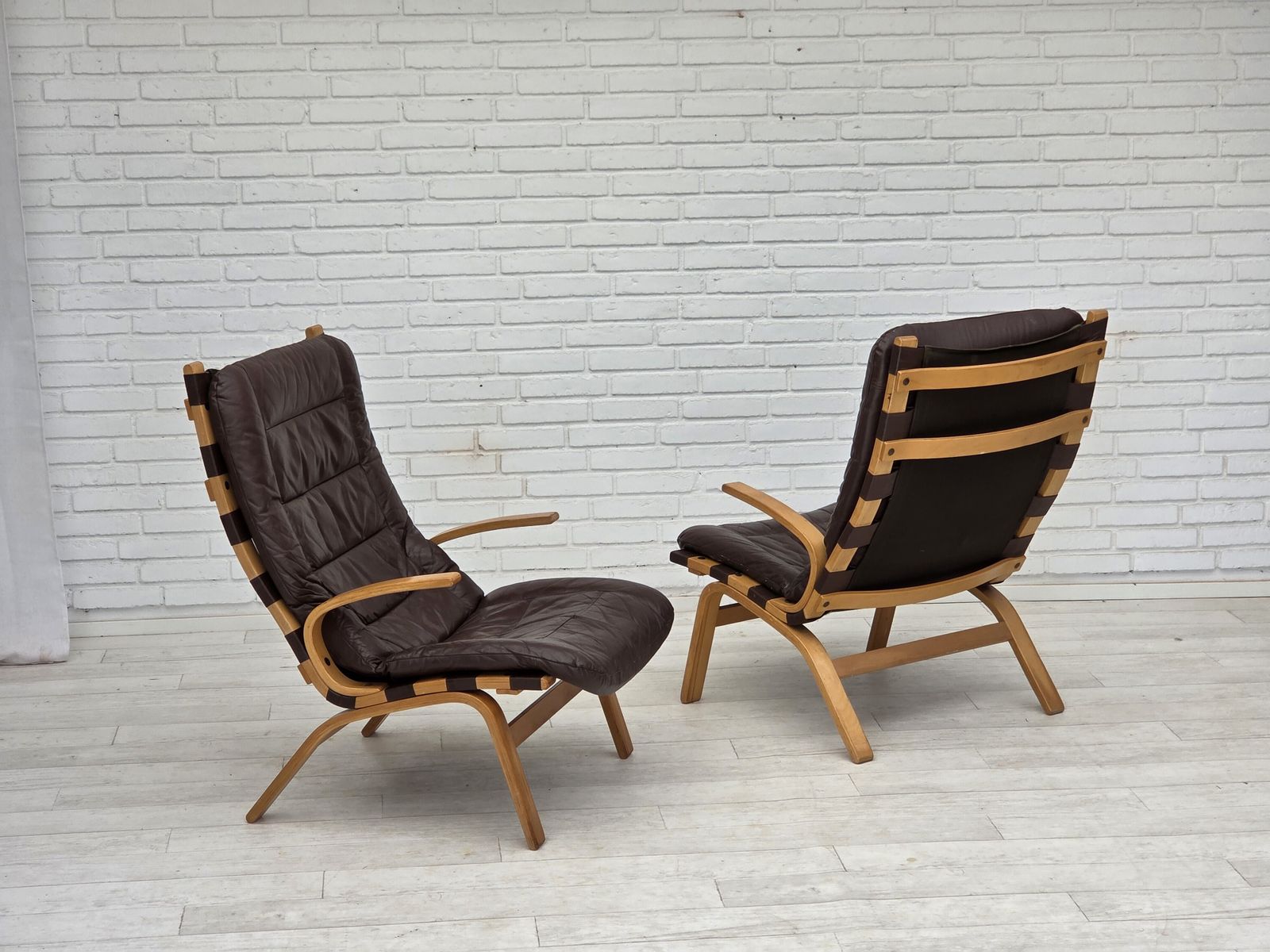1970s, Danish Design By Farstrup, Set Of 2 Armchairs, Furniture Leather, Bent Wood. photo furniture