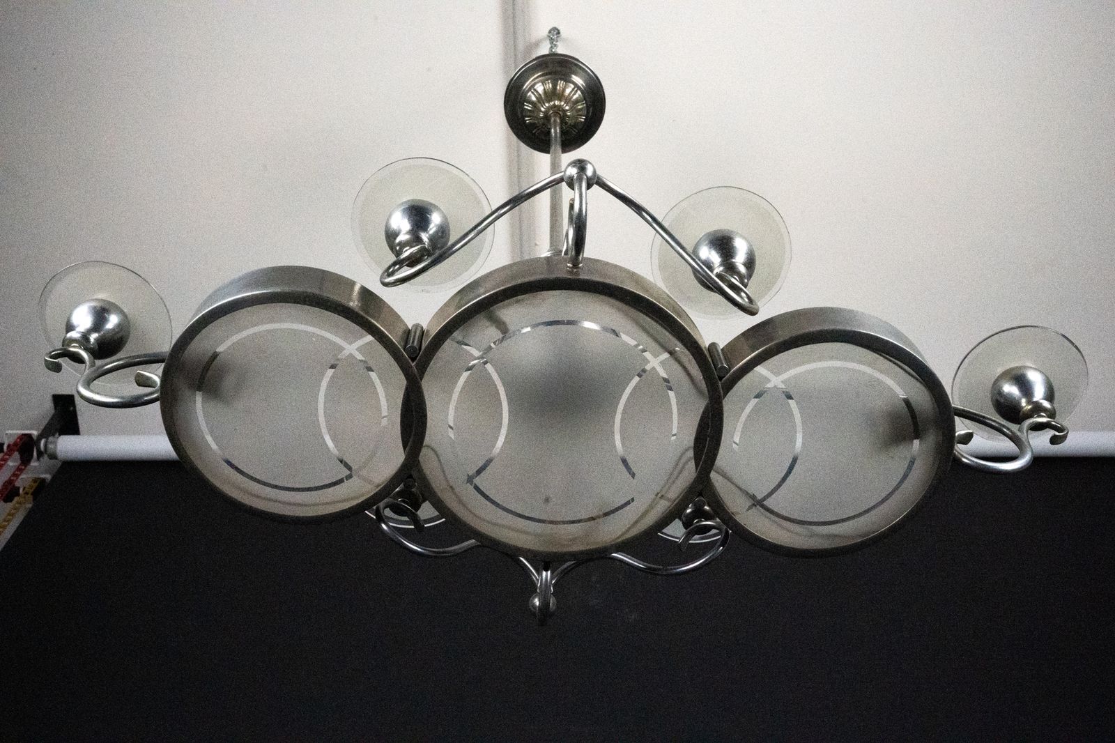 Art Deco Italian Chandelier In Nickel Brass And Frosted Glass, 1930s photo buy