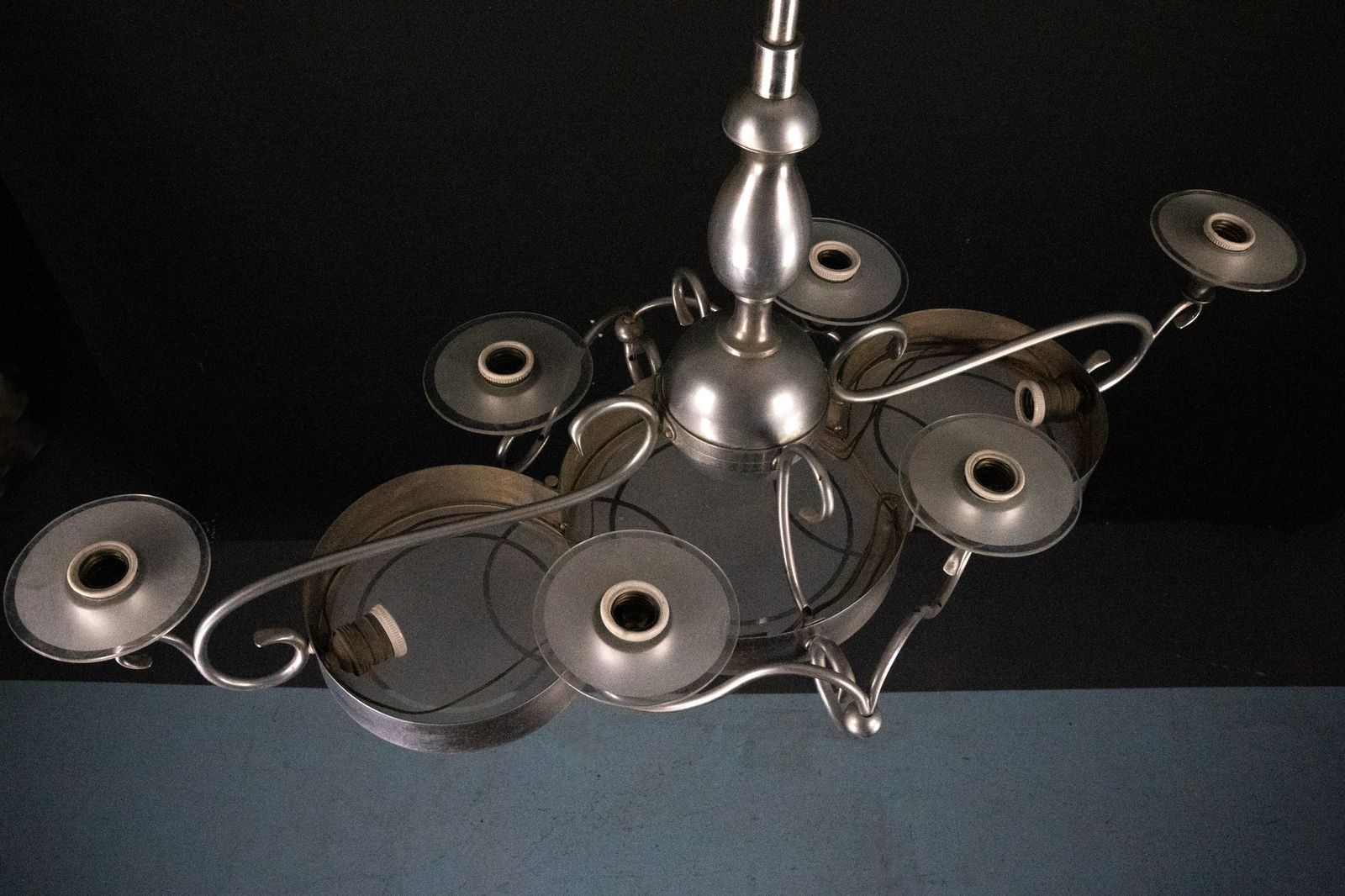 photo for sale Art Deco Italian Chandelier In Nickel Brass And Frosted Glass, 1930s